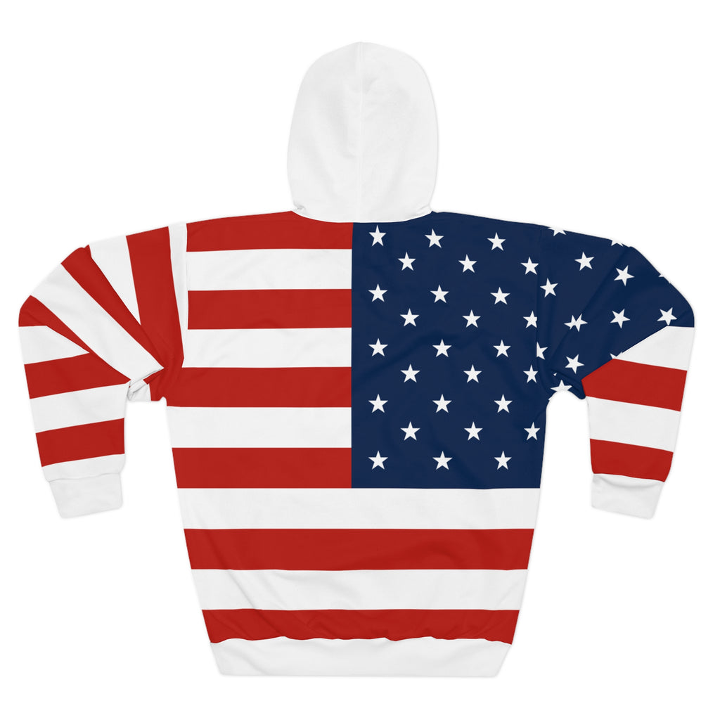Hoodie with American flag design on a white background