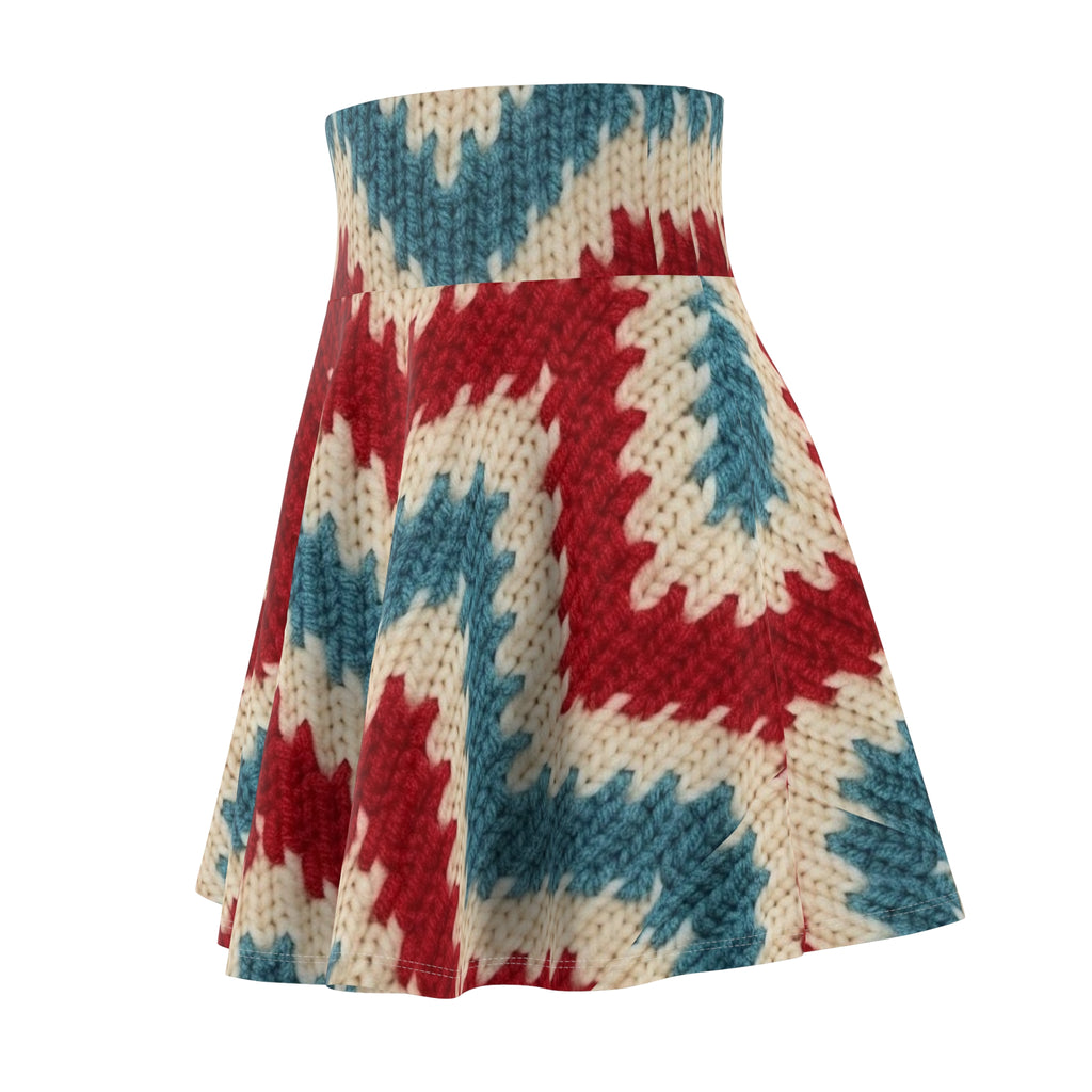 Red Blue Knit Chevron Skater Skirt | All-Over Print