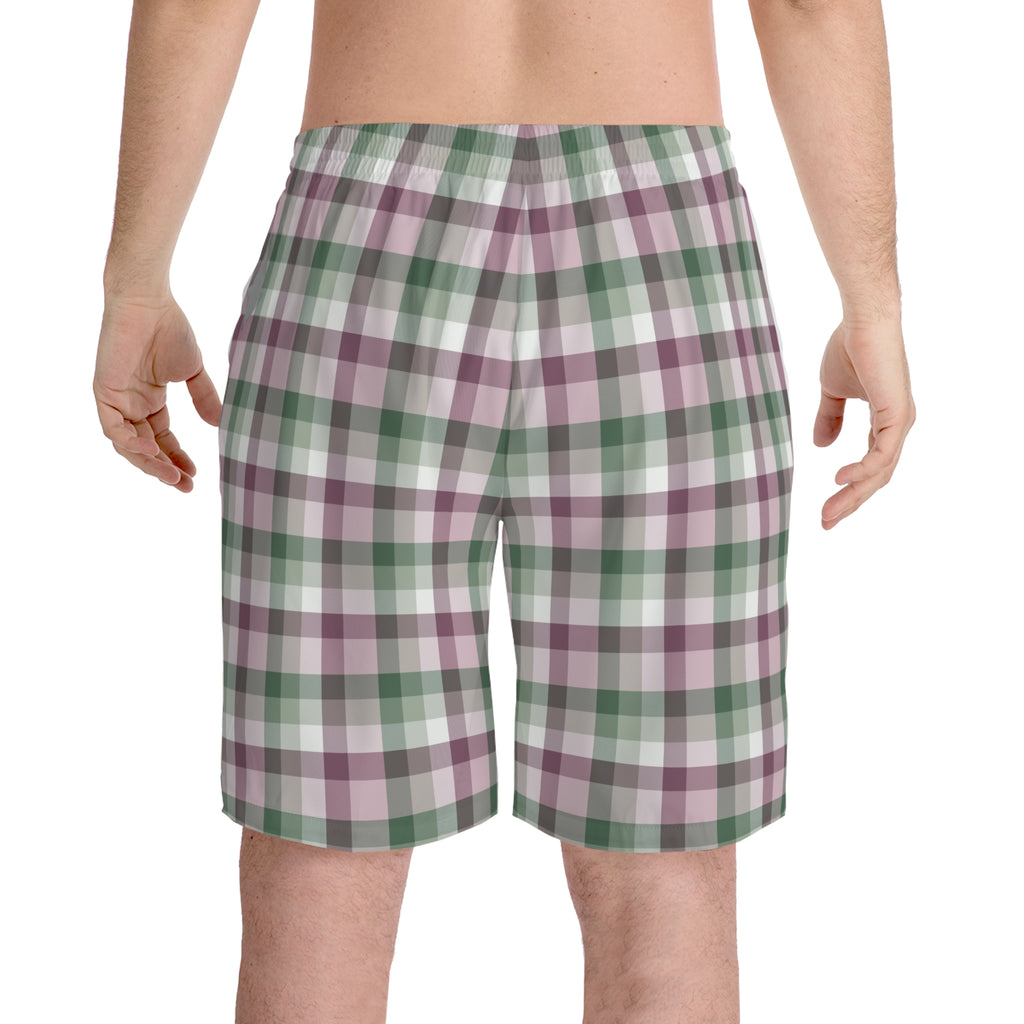 Men's Plaid Beach Shorts — Pastel Green & Mauve