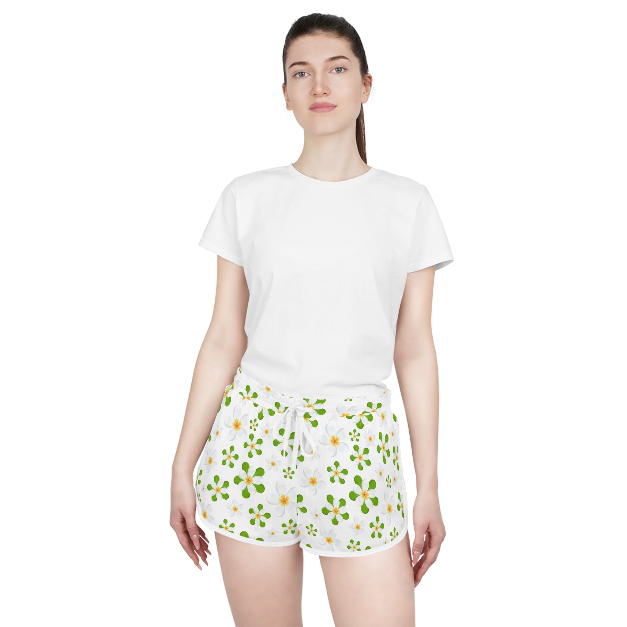 Floral Daisy Lounge Shorts — White Green All-Over Print Relaxed Shorts