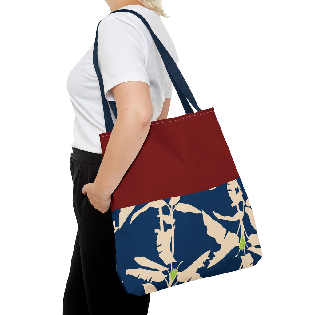 Red Navy Botanical Leaf Pattern Tote Bag