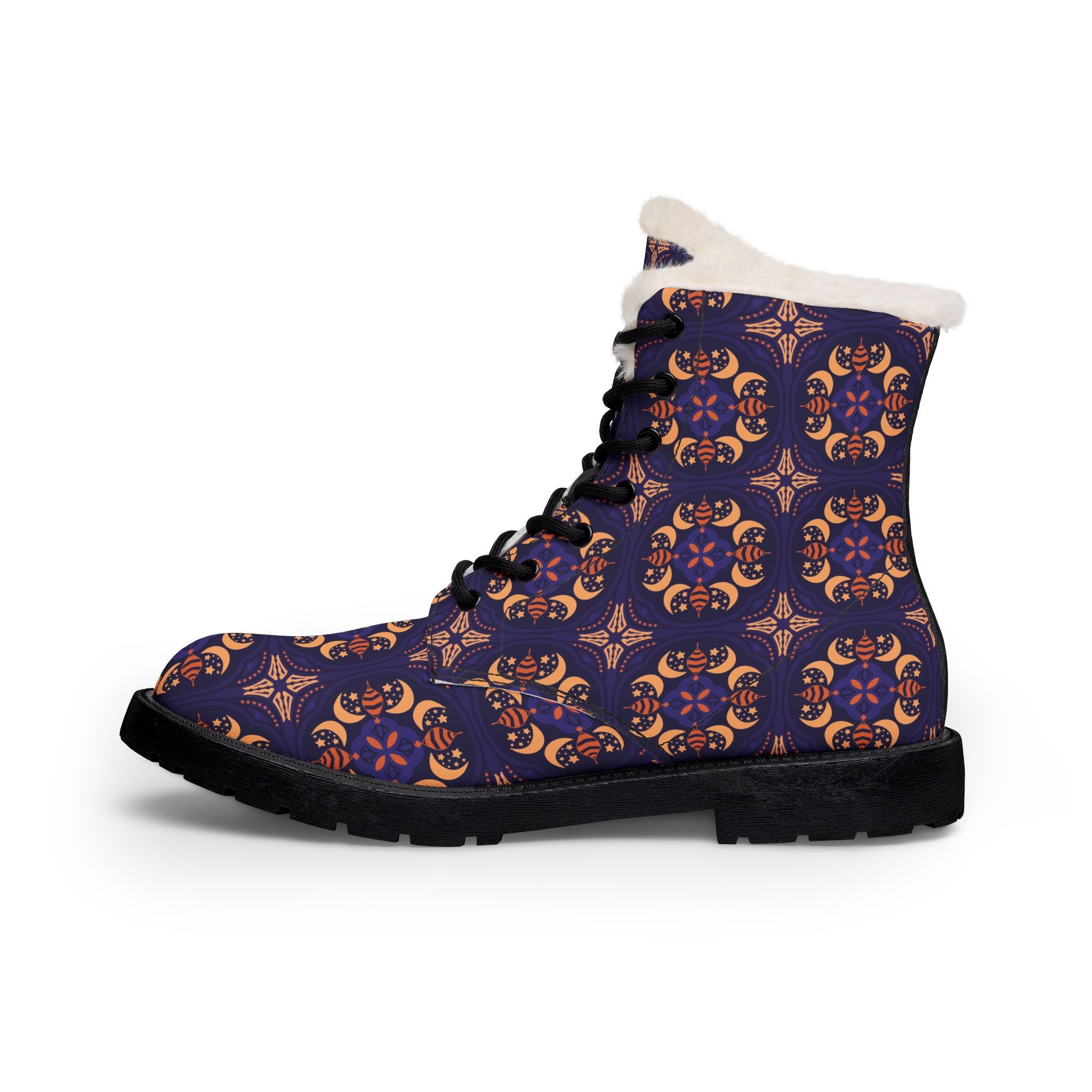 Men's Patterned Fur-Lined Leather Boots — Cozy Winter Lace-Up Boots