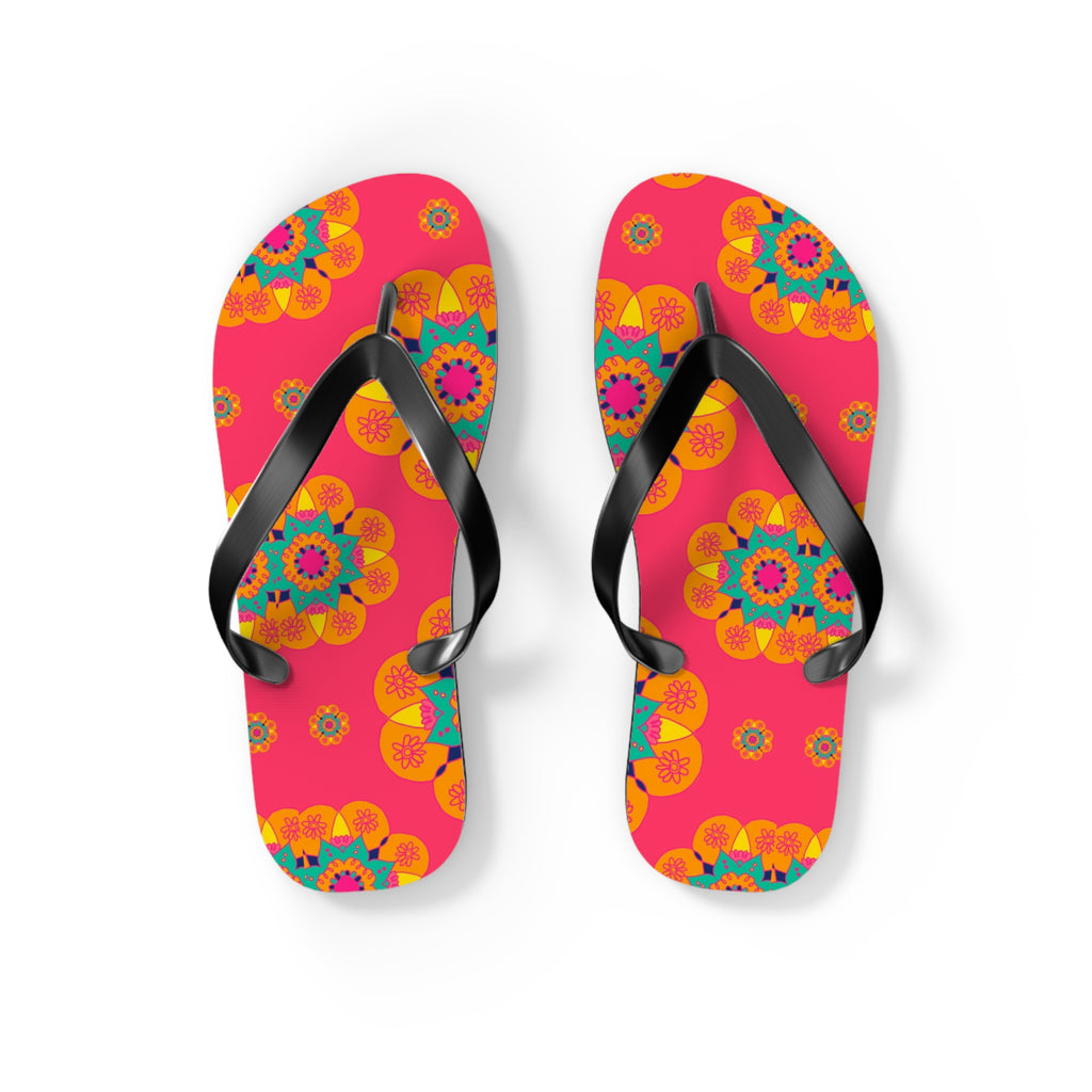 Colorful flip-flops with floral pattern on a pink background
