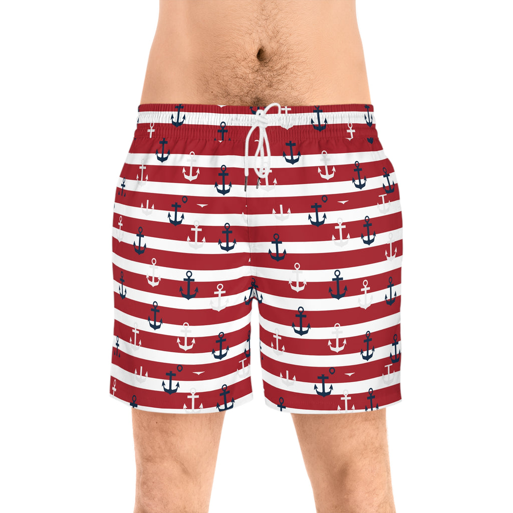 Nautical Red Striped Anchor Swim Shorts — Men’s Mid-Length Beach Trunks