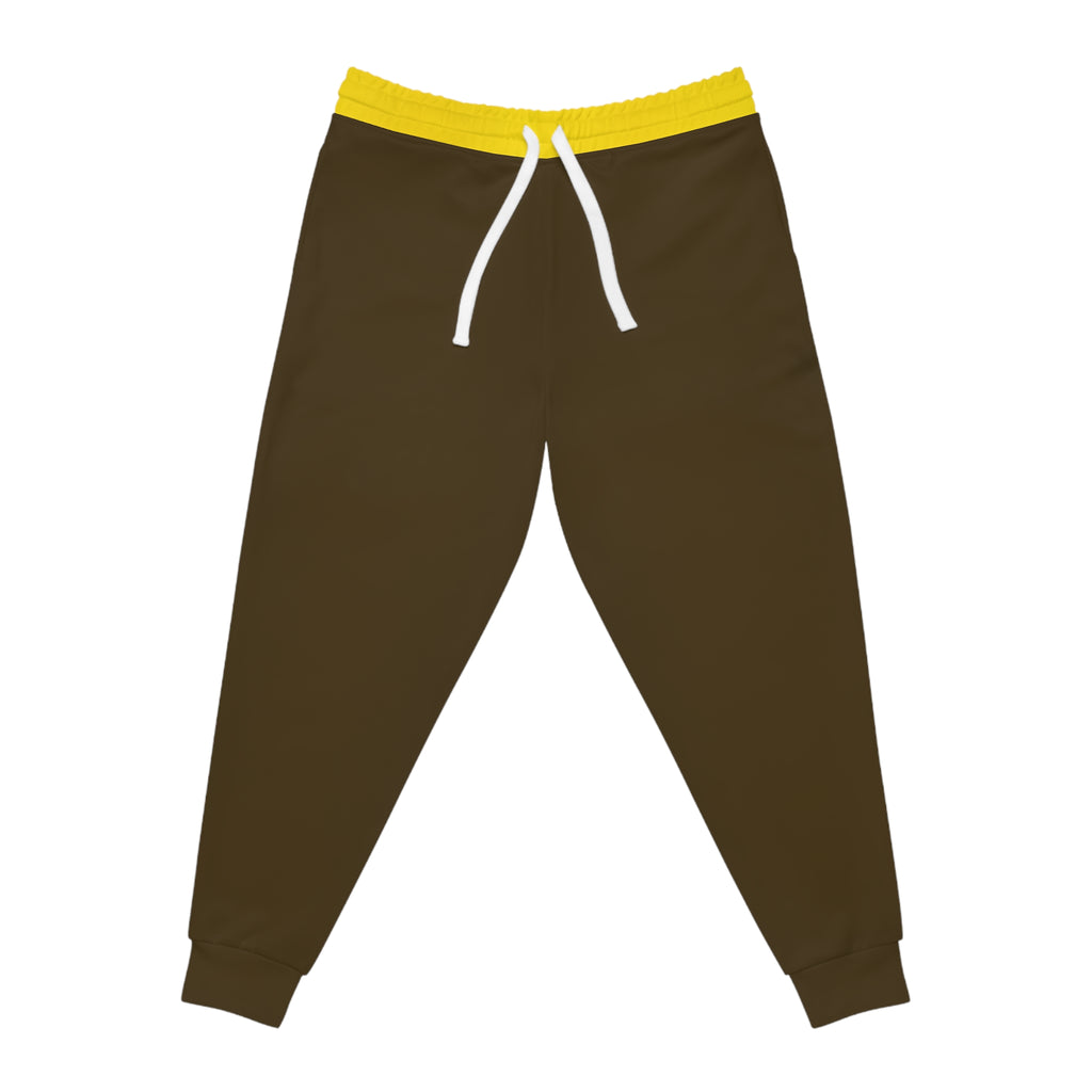 Dark brown jogger pants with a bright yellow elastic waistband and white drawstrings, shown flat on a white background.