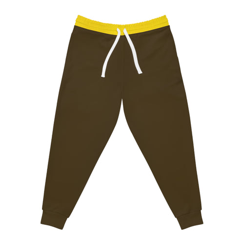 Dark brown jogger pants with a bright yellow elastic waistband and white drawstrings, shown flat on a white background.