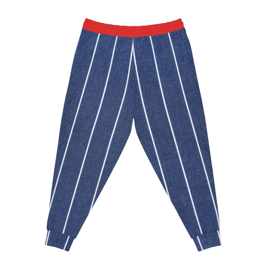 Blue Pinstripe Athletic Joggers with Red Waistband — Casual Sportswear for Men & Women