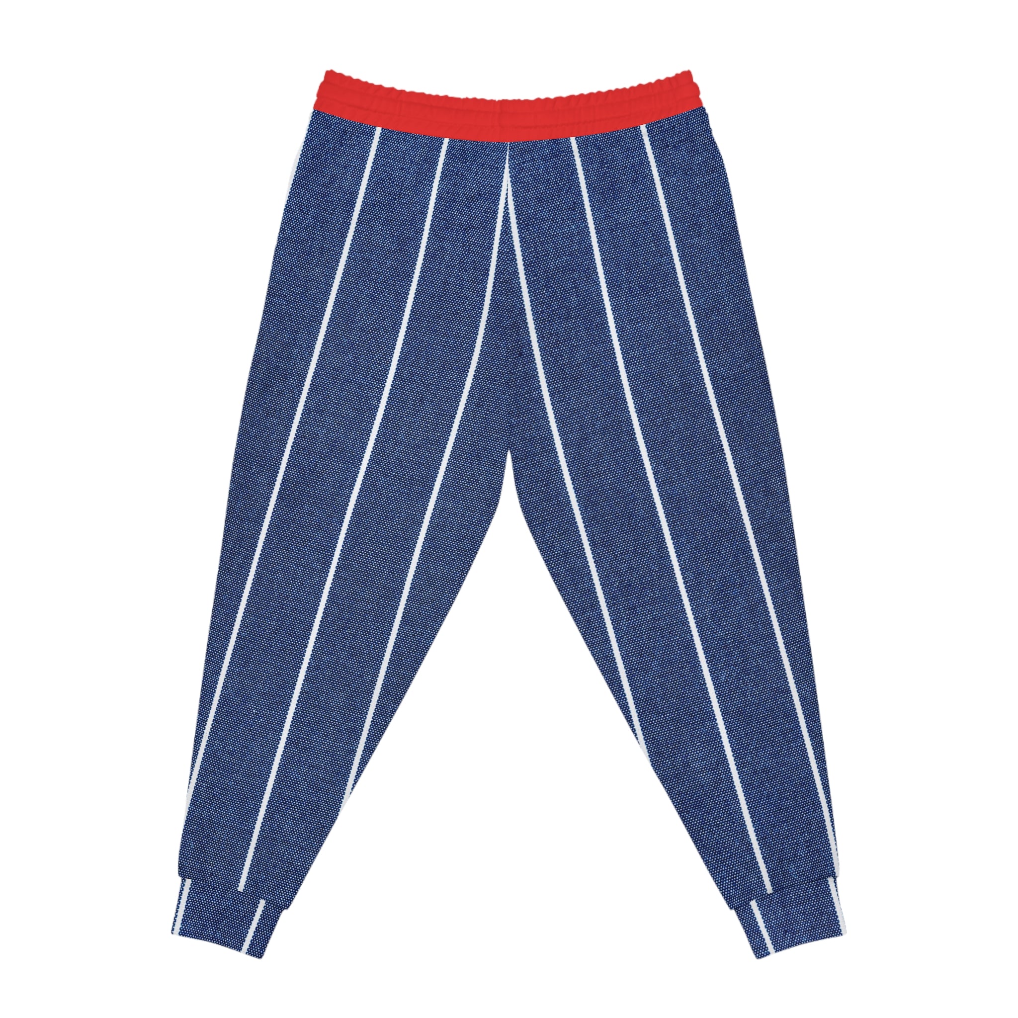 Blue Pinstripe Athletic Joggers with Red Waistband — Casual Sportswear for Men & Women