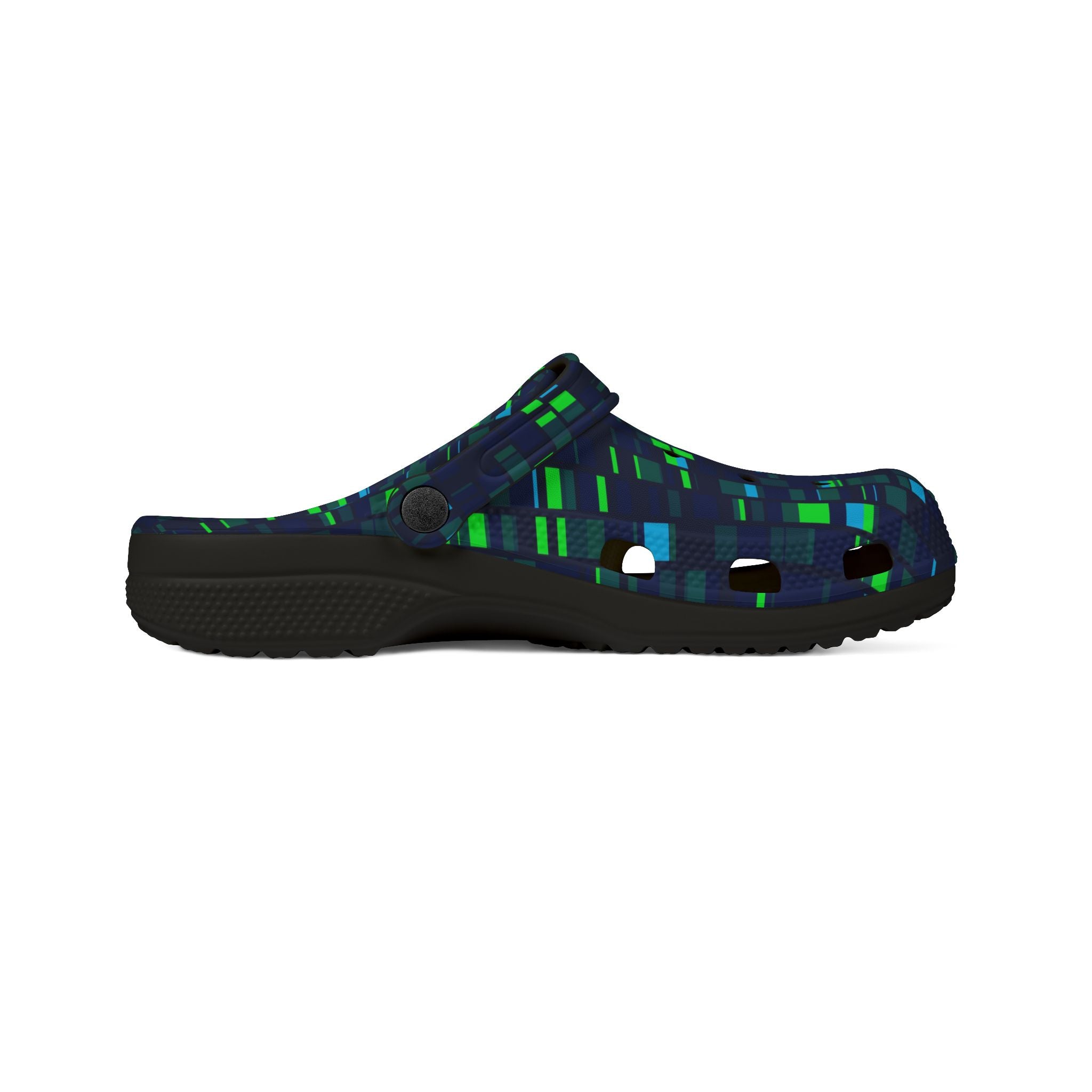 Pixel Grid Clogs — EVA Foam Slip-On Shoes with Green & Blue Digital Pattern