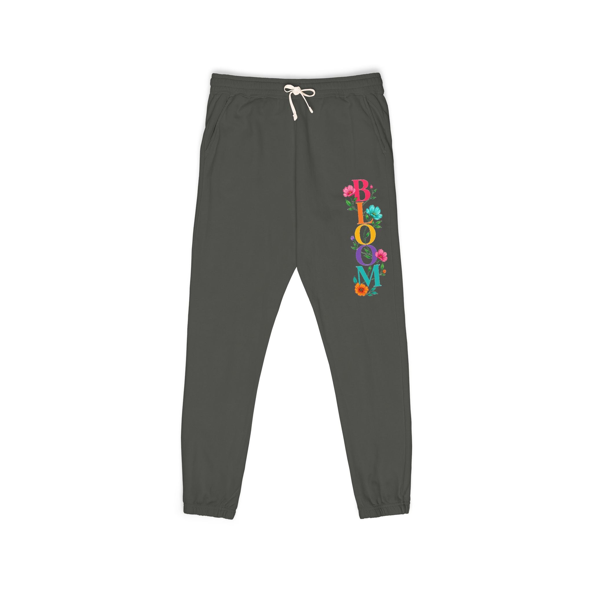 Gray sweatpants with colorful 'BLOOM' design on a white background