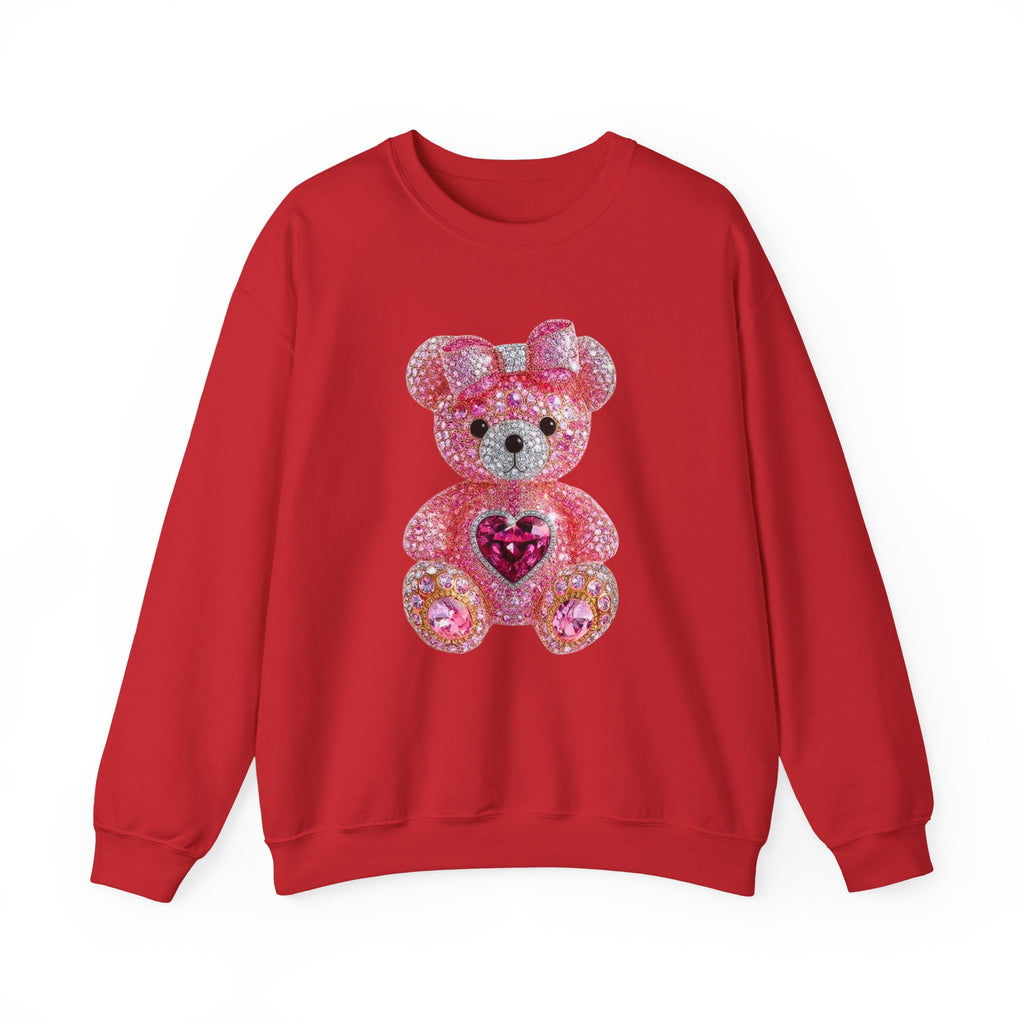 Pink Sequin Teddy Bear Sweatshirt | Heart Patch, Cute Plush Graphic