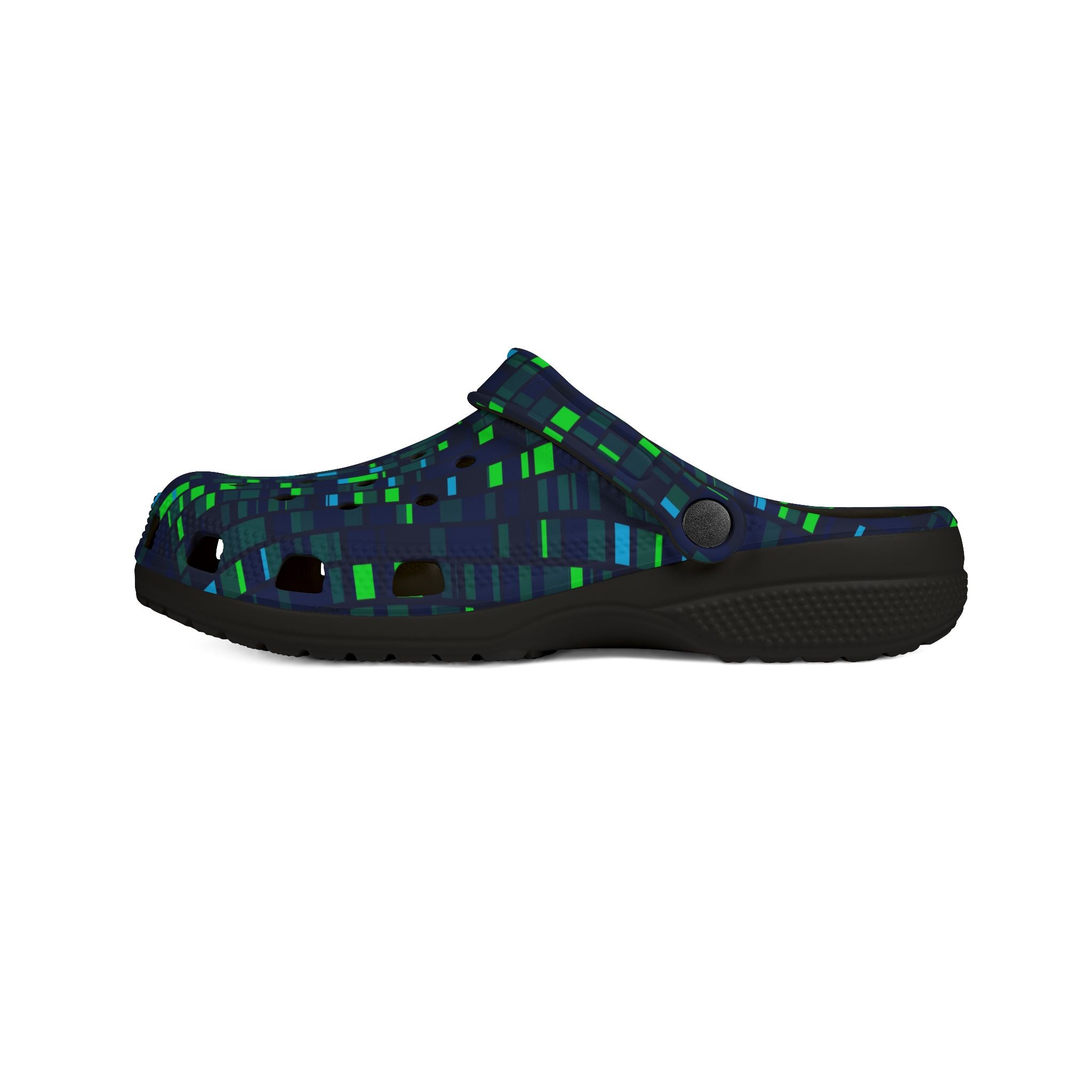 Pixel Grid Clogs — EVA Foam Slip-On Shoes with Green & Blue Digital Pattern