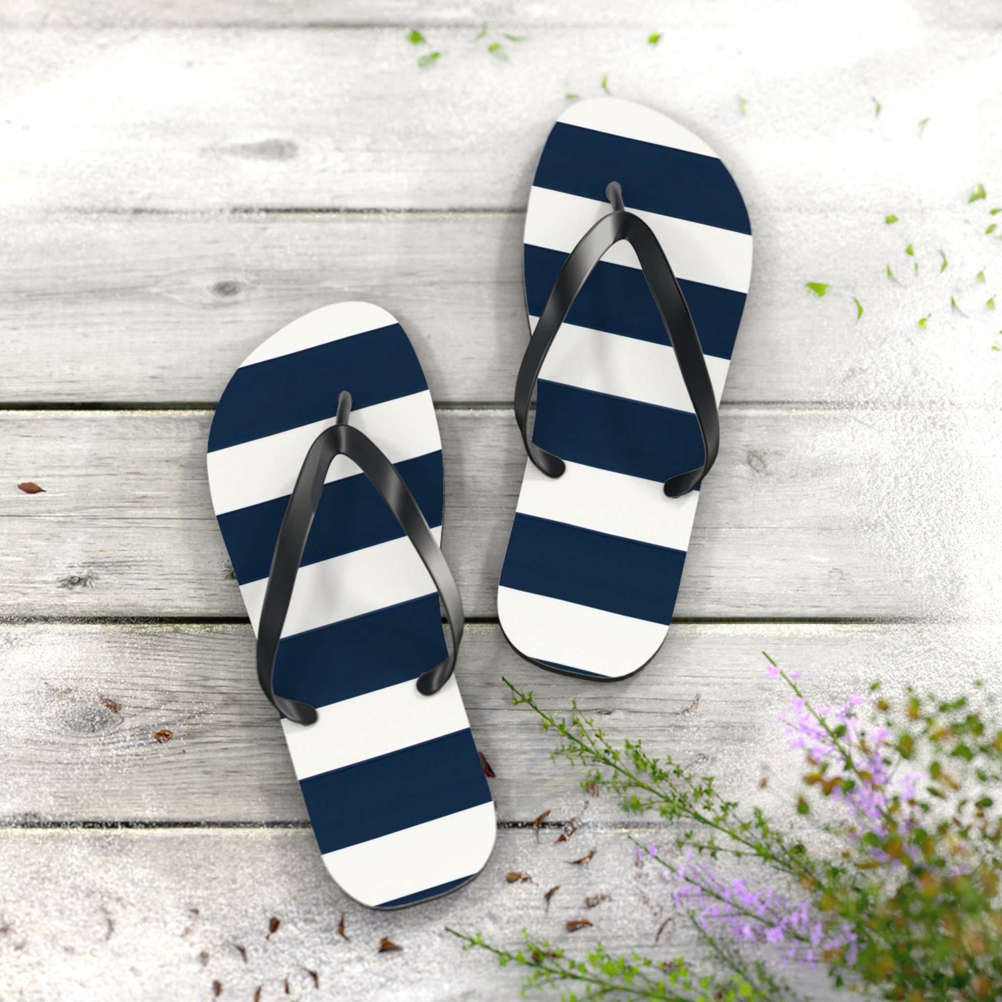 Navy & White Striped Flip Flops — Classic Beach Sandals