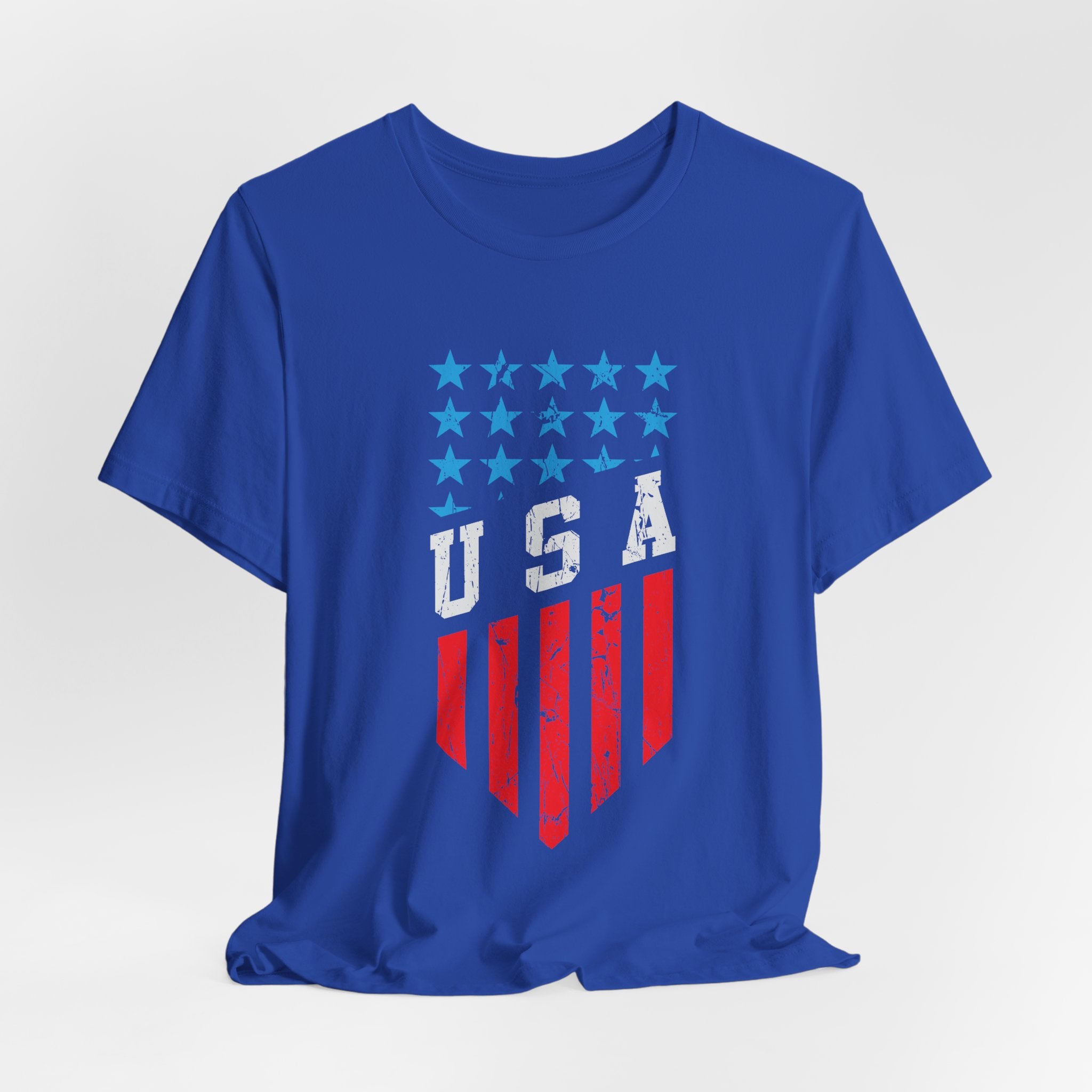 Blue t-shirt with American flag design on a white background