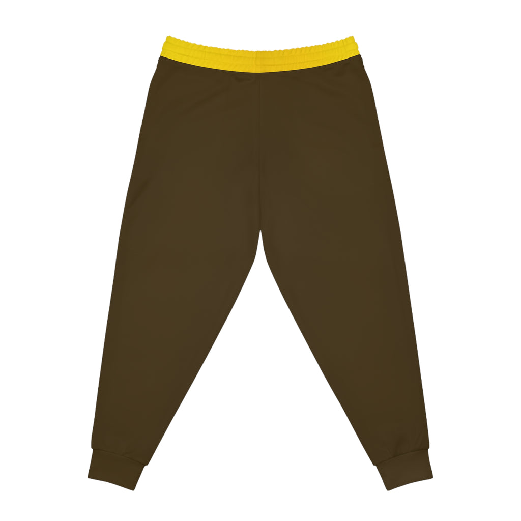 Dark brown jogger pants with a bright yellow elastic waistband, shown flat against a white background.