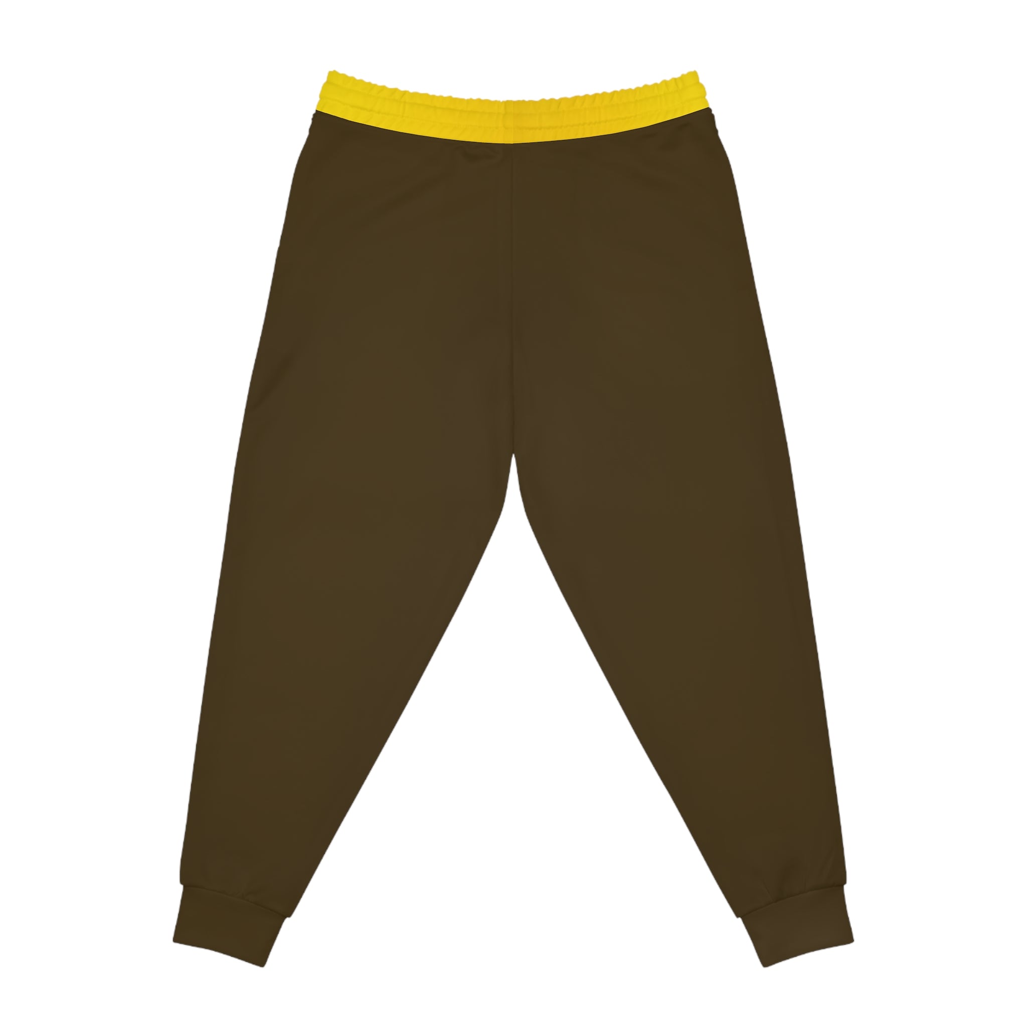 Dark brown jogger pants with a bright yellow elastic waistband, shown flat against a white background.
