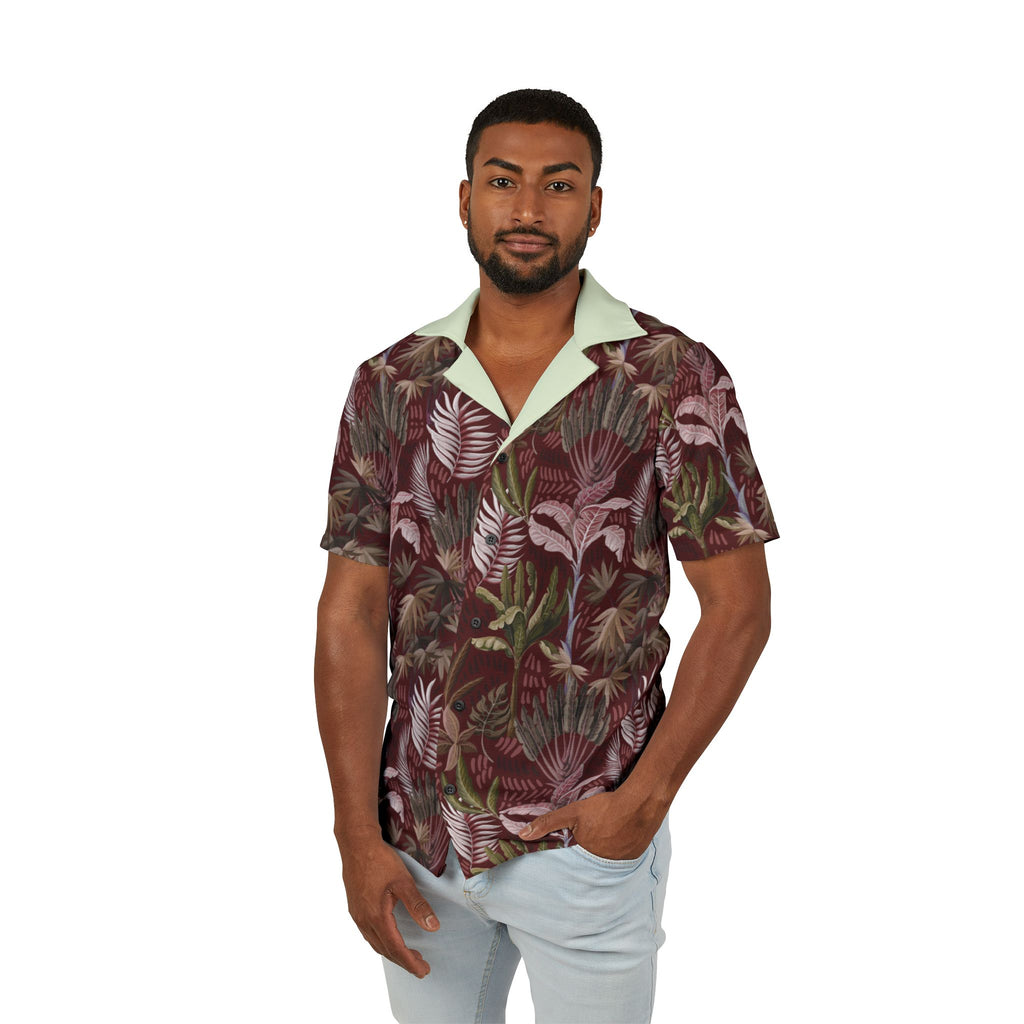Tropical Leaf Hawaiian Camp Shirt — Men's Burgundy Palm Print AOP