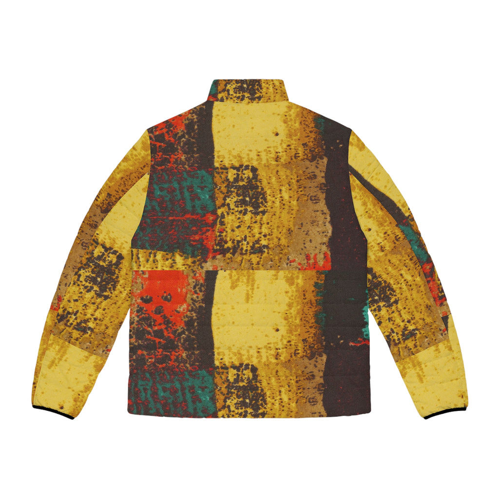 Men's Abstract Patchwork Puffer Jacket — Vintage Rustic Yellow Quilted Coat