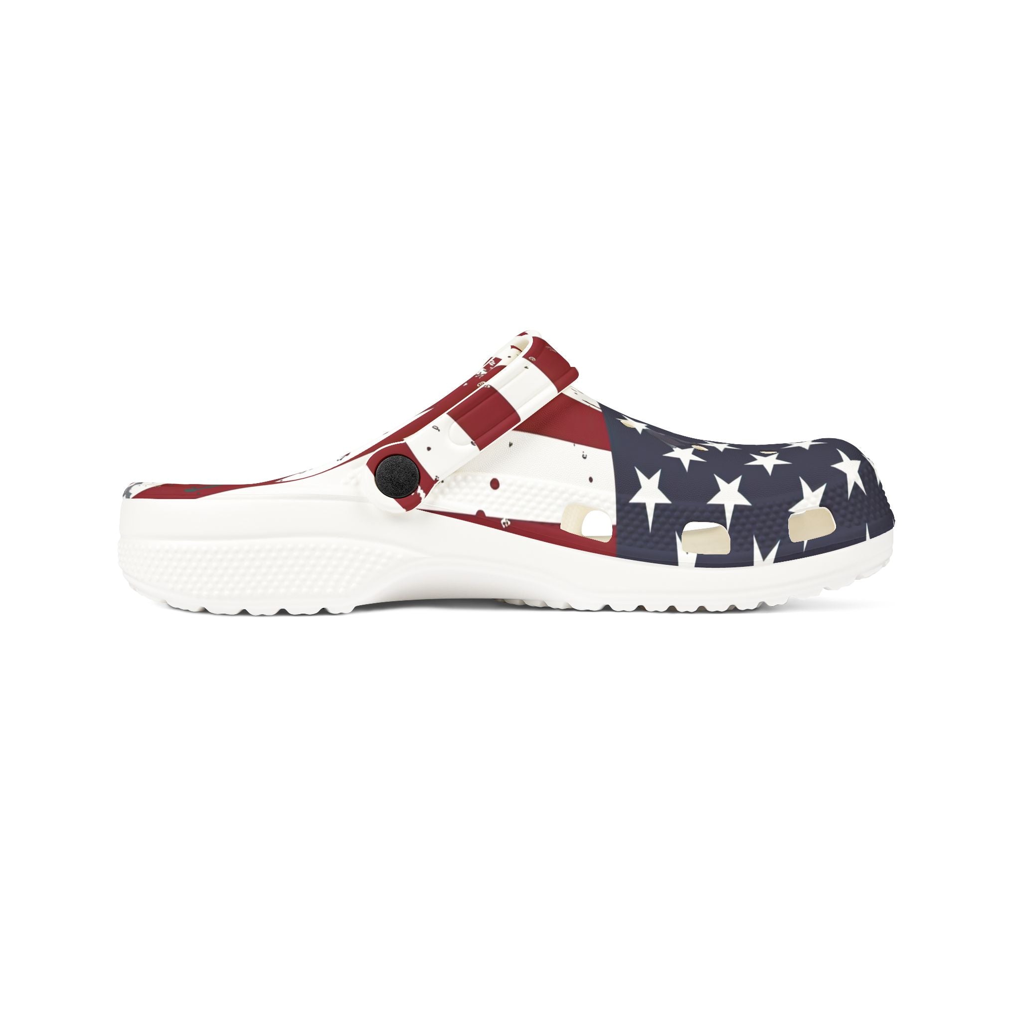 Clog shoe with American flag design on a white background