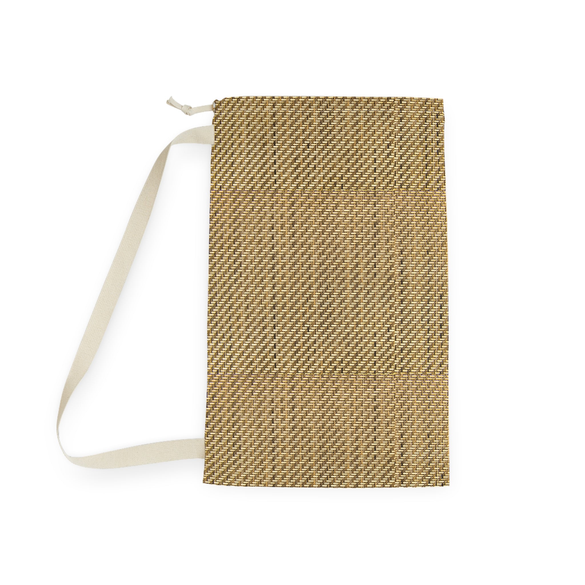 A woven straw-style pouch or notebook cover with a cream-colored strap, shown flat against a solid white background.