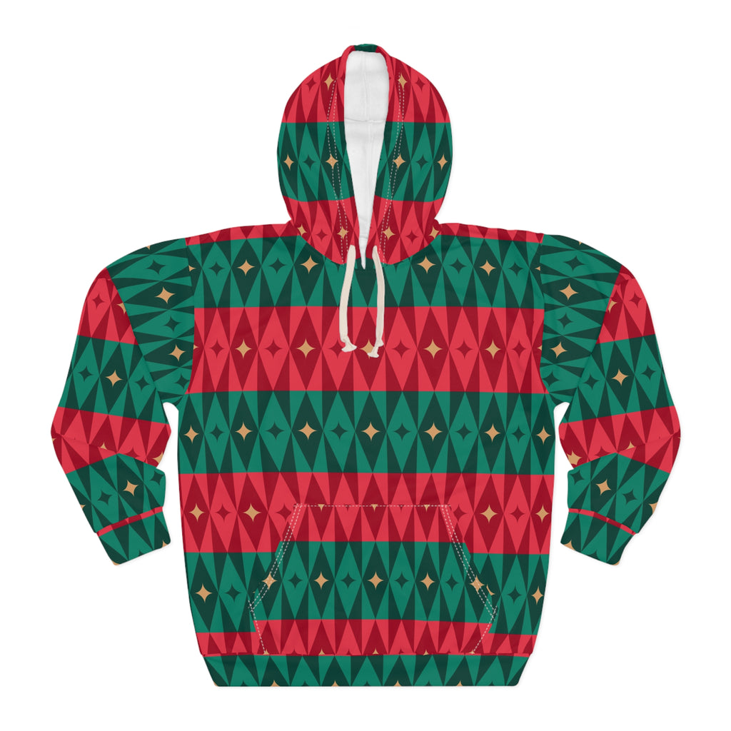 Red Green Geometric Diamond Hoodie | Holiday Aztec Pattern