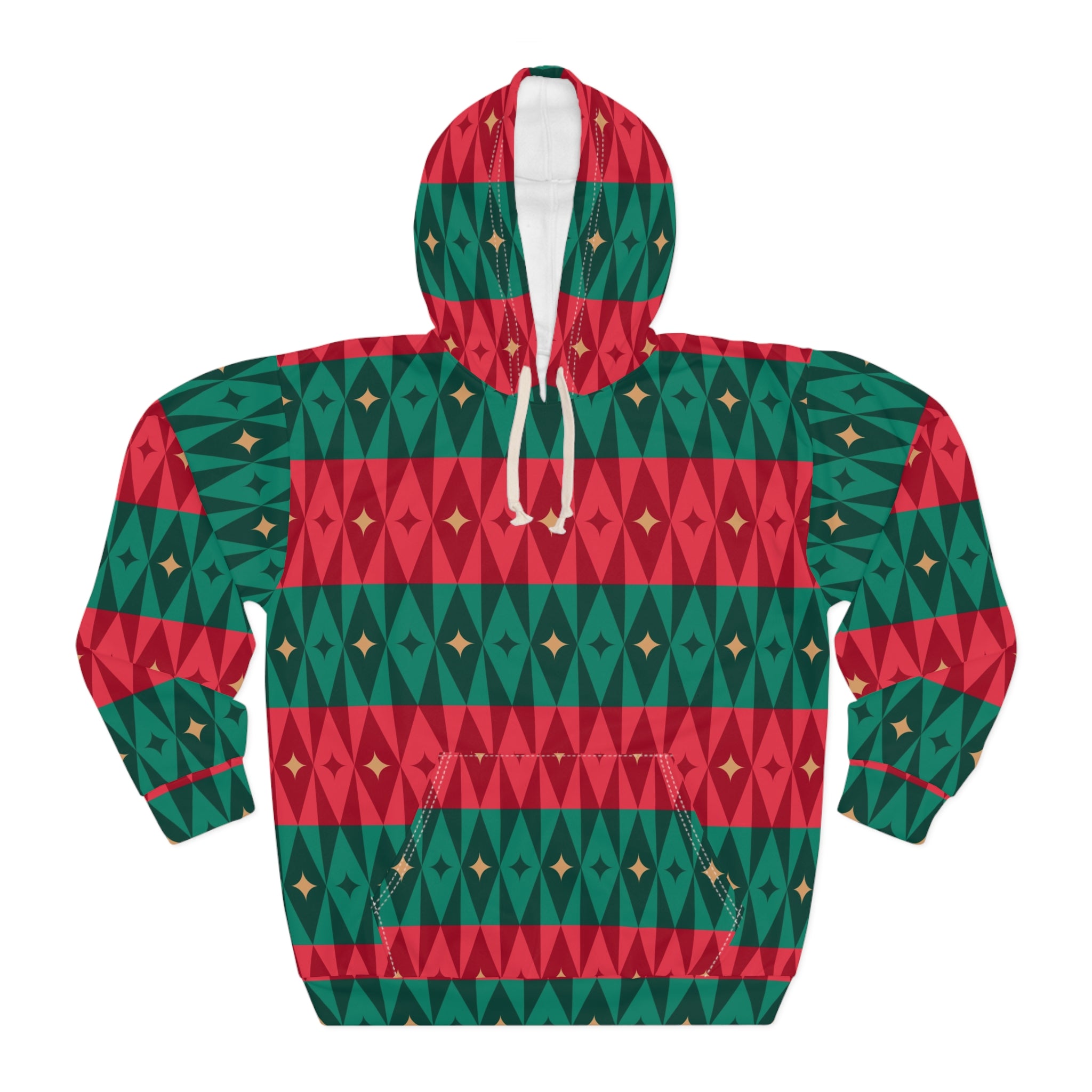 Red Green Geometric Diamond Hoodie | Holiday Aztec Pattern