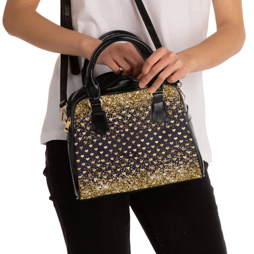 Gold Glitter Heart Pattern Shoulder Handbag | Sparkle Heart Print Purse