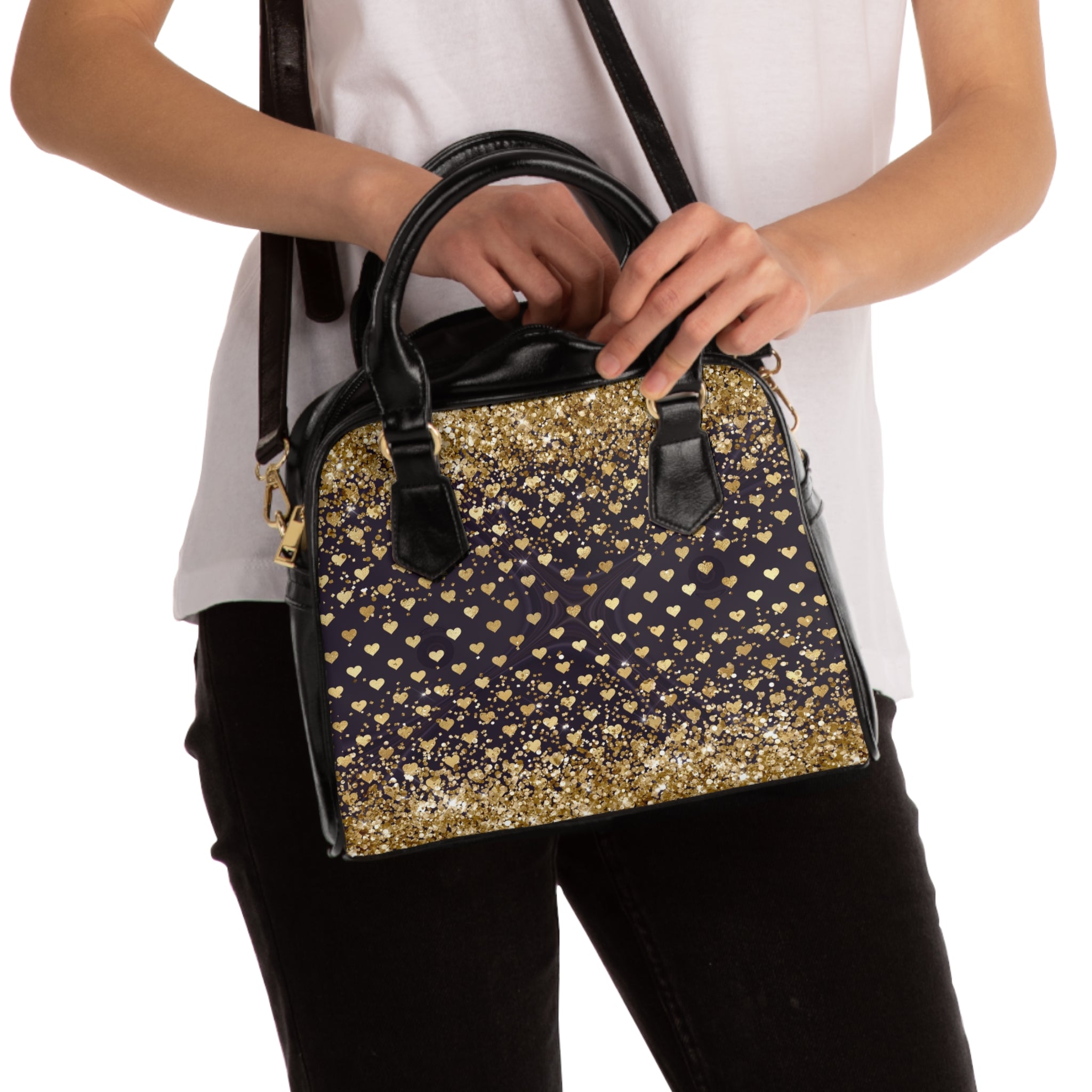 Gold Glitter Heart Pattern Shoulder Handbag | Sparkle Heart Print Purse