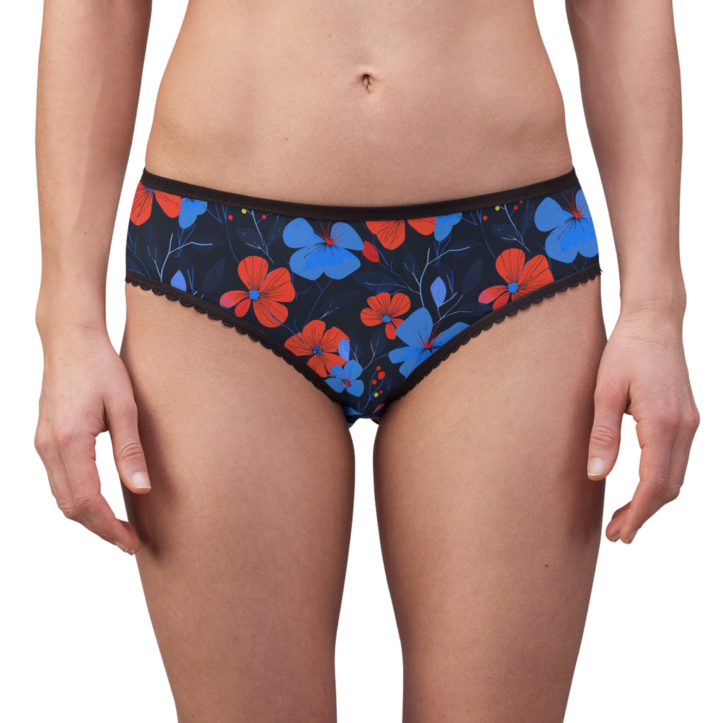 Floral Lace-Trim Briefs — Red & Blue Bloom All-Over Print