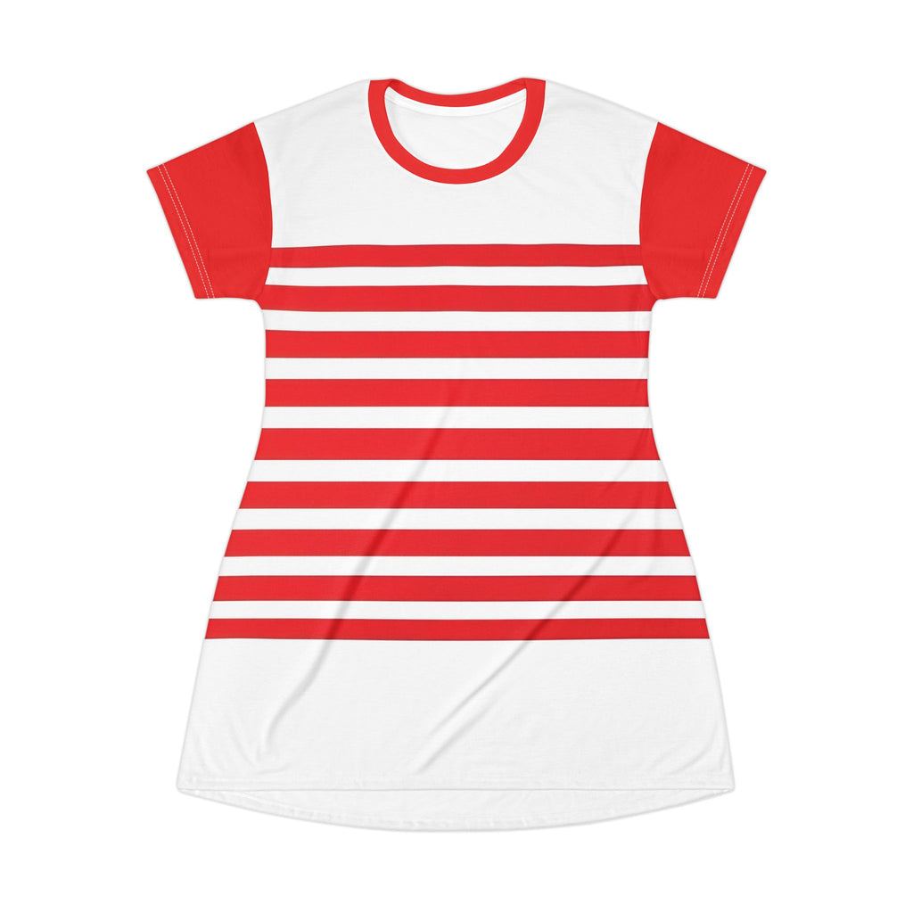 Red & White Striped T-Shirt Dress — Nautical Casual A-Line Summer Dress