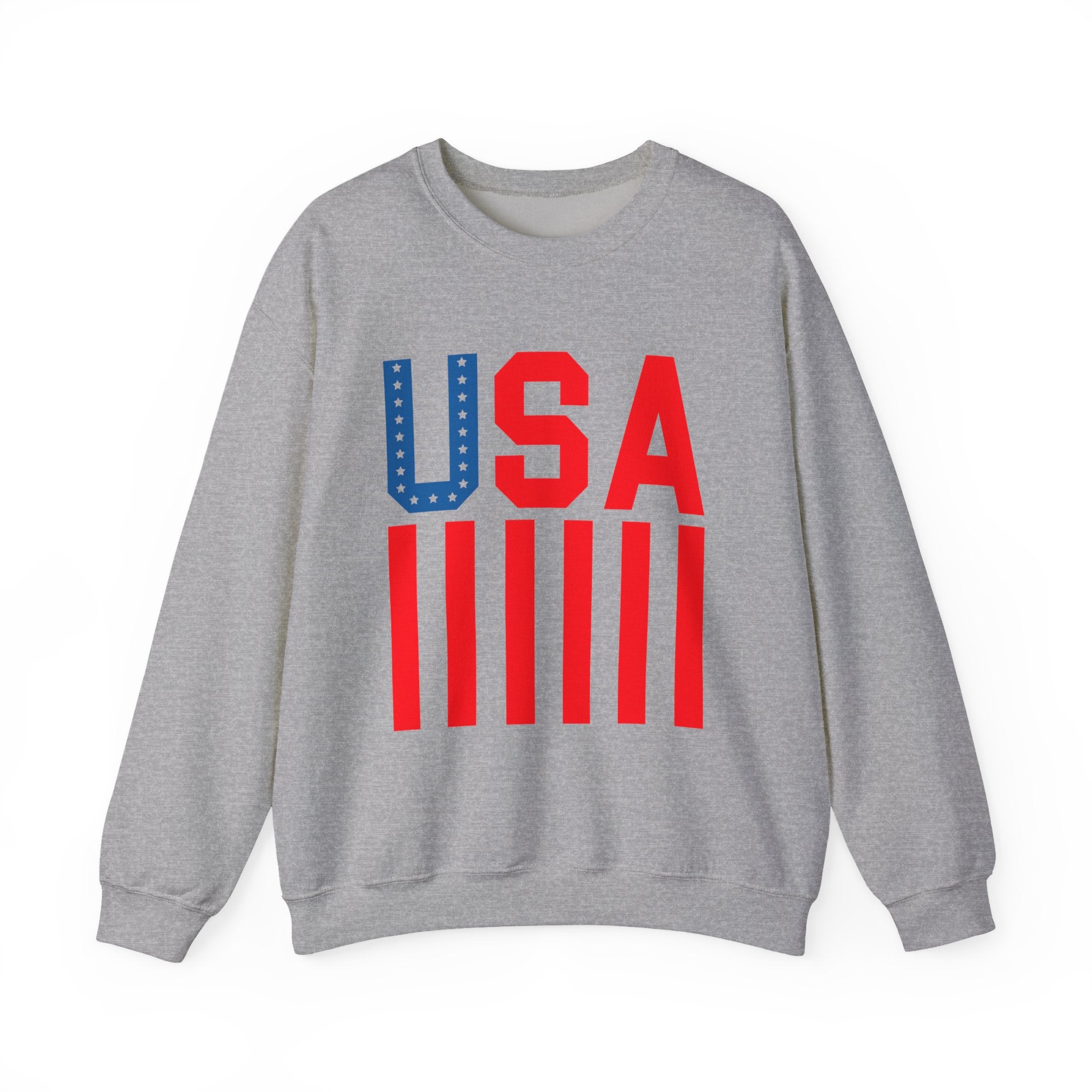 A heather gray crewneck sweatshirt featuring a bold 'USA' graphic on the chest, with 'U' in blue and white stars and 'SA' and the five vertical bars in red.