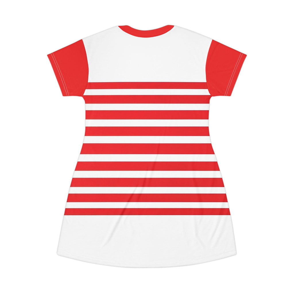 Red & White Striped T-Shirt Dress — Nautical Casual A-Line Summer Dress