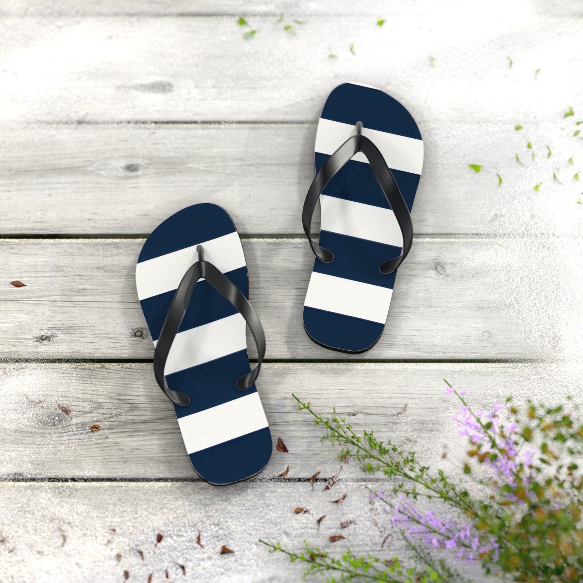 Navy & White Striped Flip Flops — Classic Beach Sandals