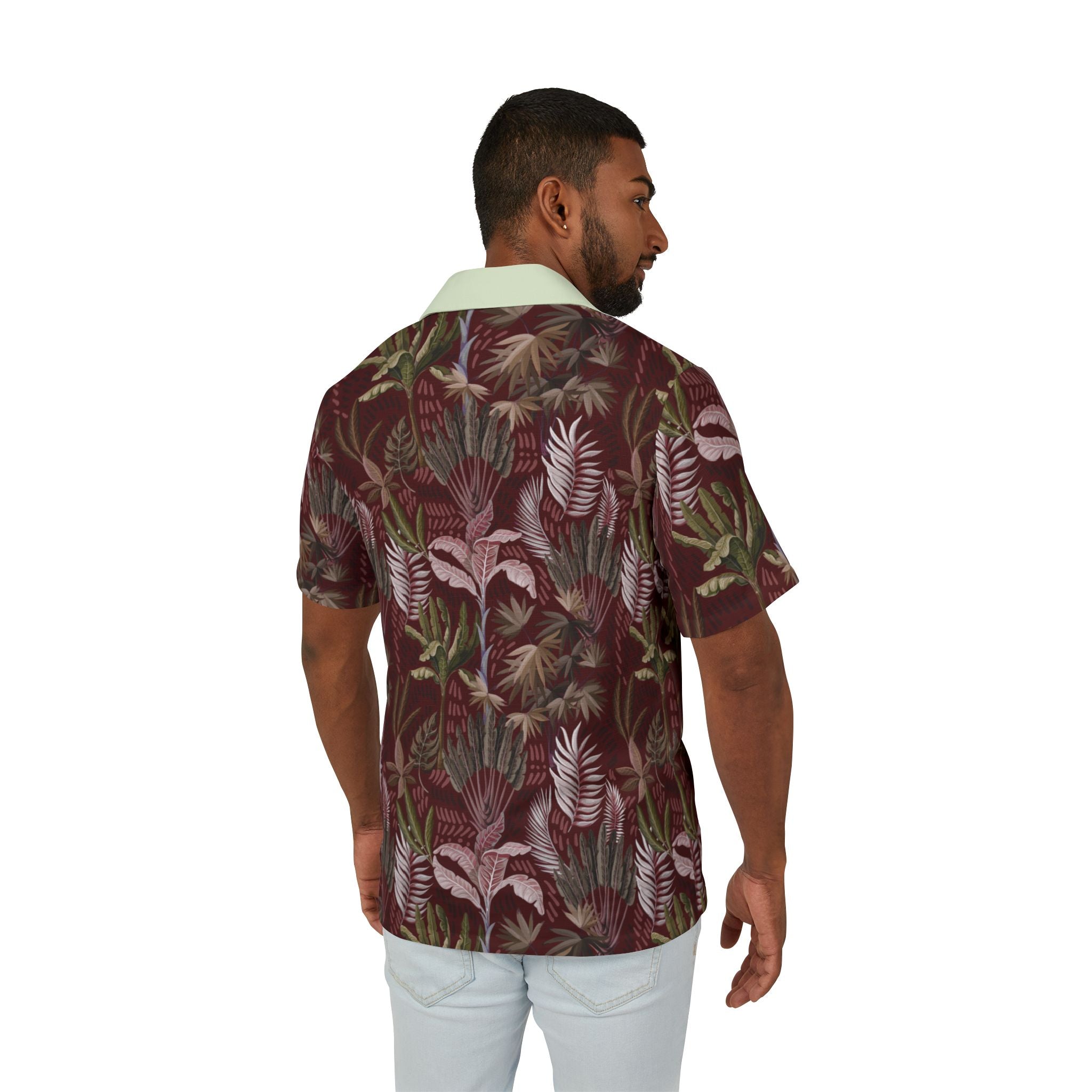 Tropical Leaf Hawaiian Camp Shirt — Men's Burgundy Palm Print AOP