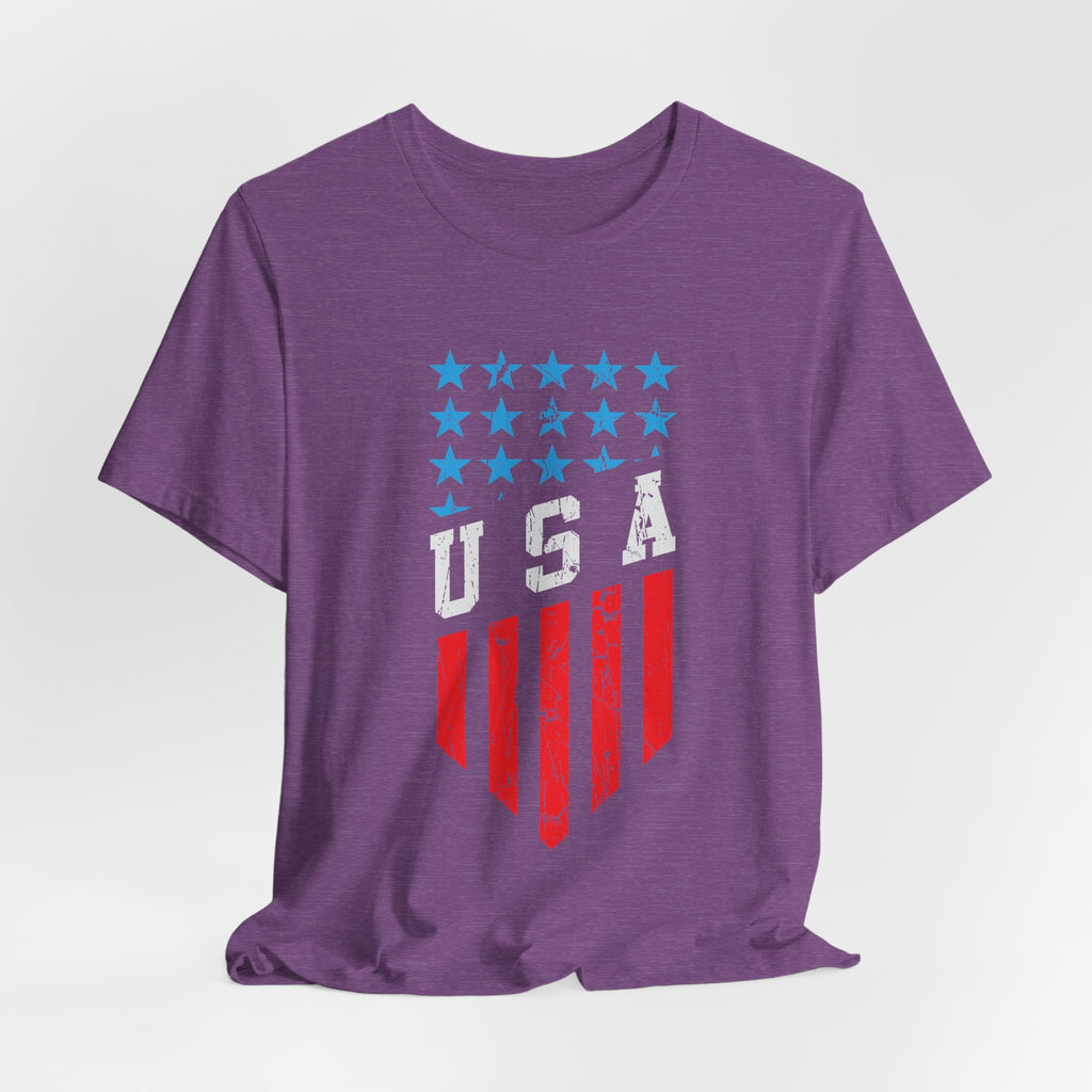 Purple t-shirt with American flag design on a white background
