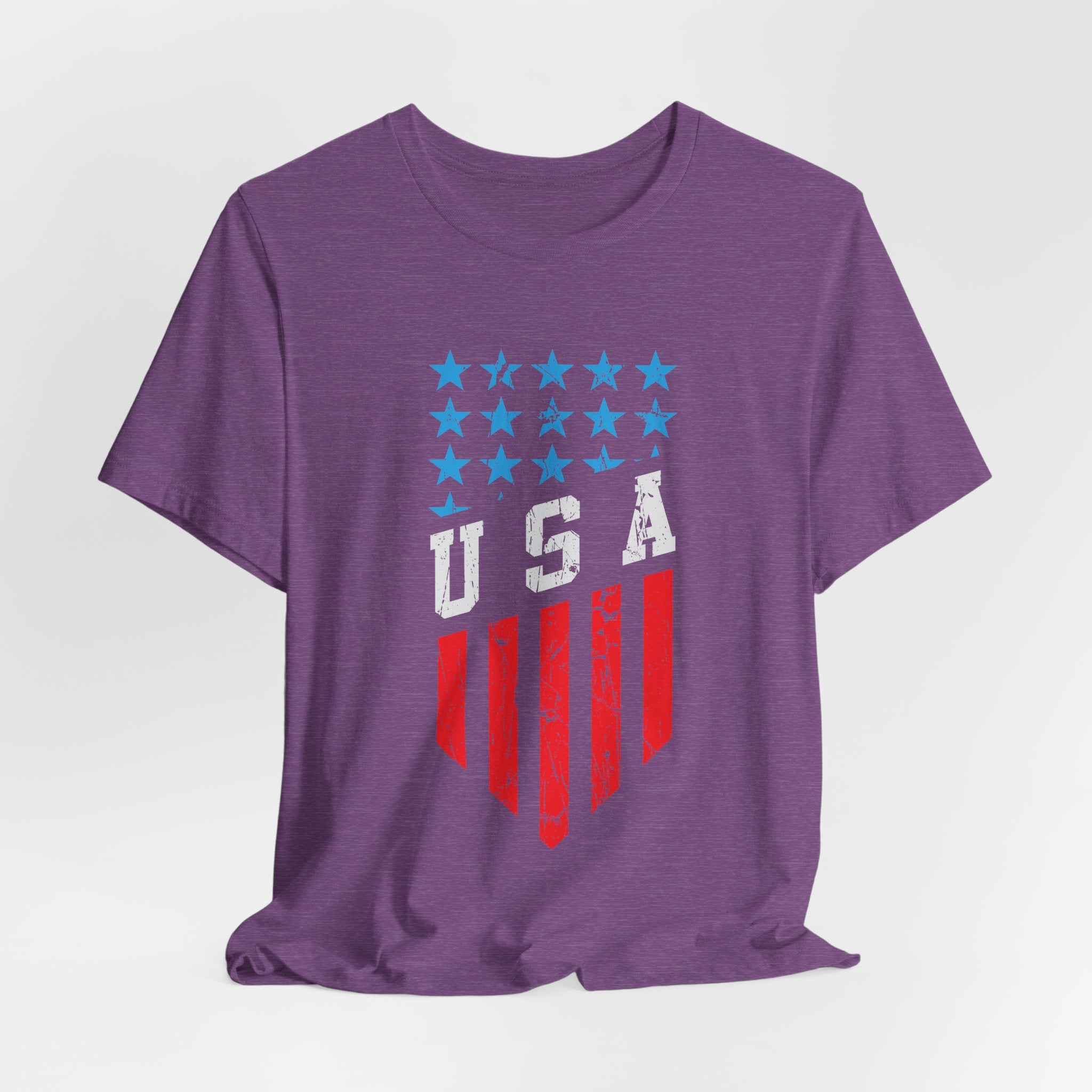 Purple t-shirt with American flag design on a white background
