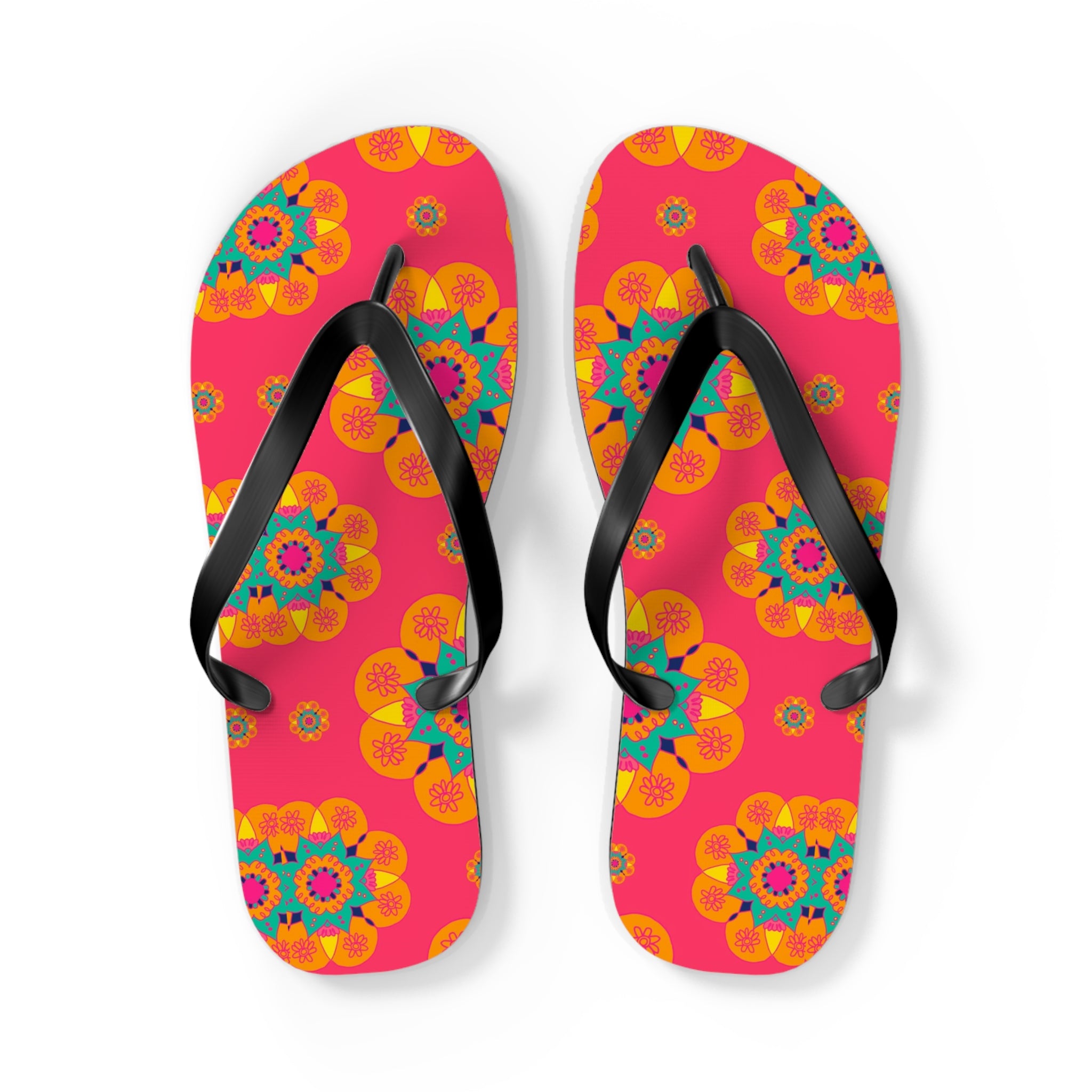 Floral Mandala Flip Flops – Bright Pink Tropical Beach Sandals