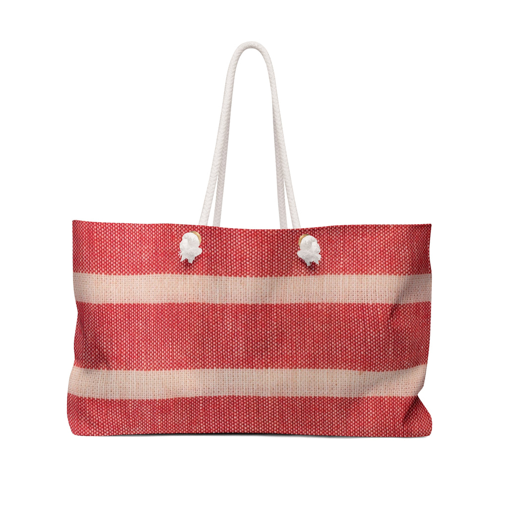 A woven tote bag with horizontal red and beige stripes, featuring two white rope handles and decorative white pom-pom accents at the top.
