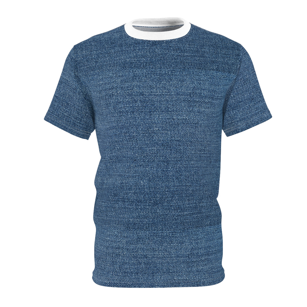A short-sleeve crewneck t-shirt in a heathered blue fabric, shown on a plain white background.