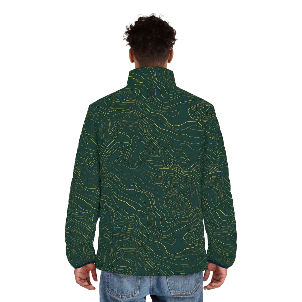 Topographic Line Pattern Puffer Jacket | Green Contour Map Design