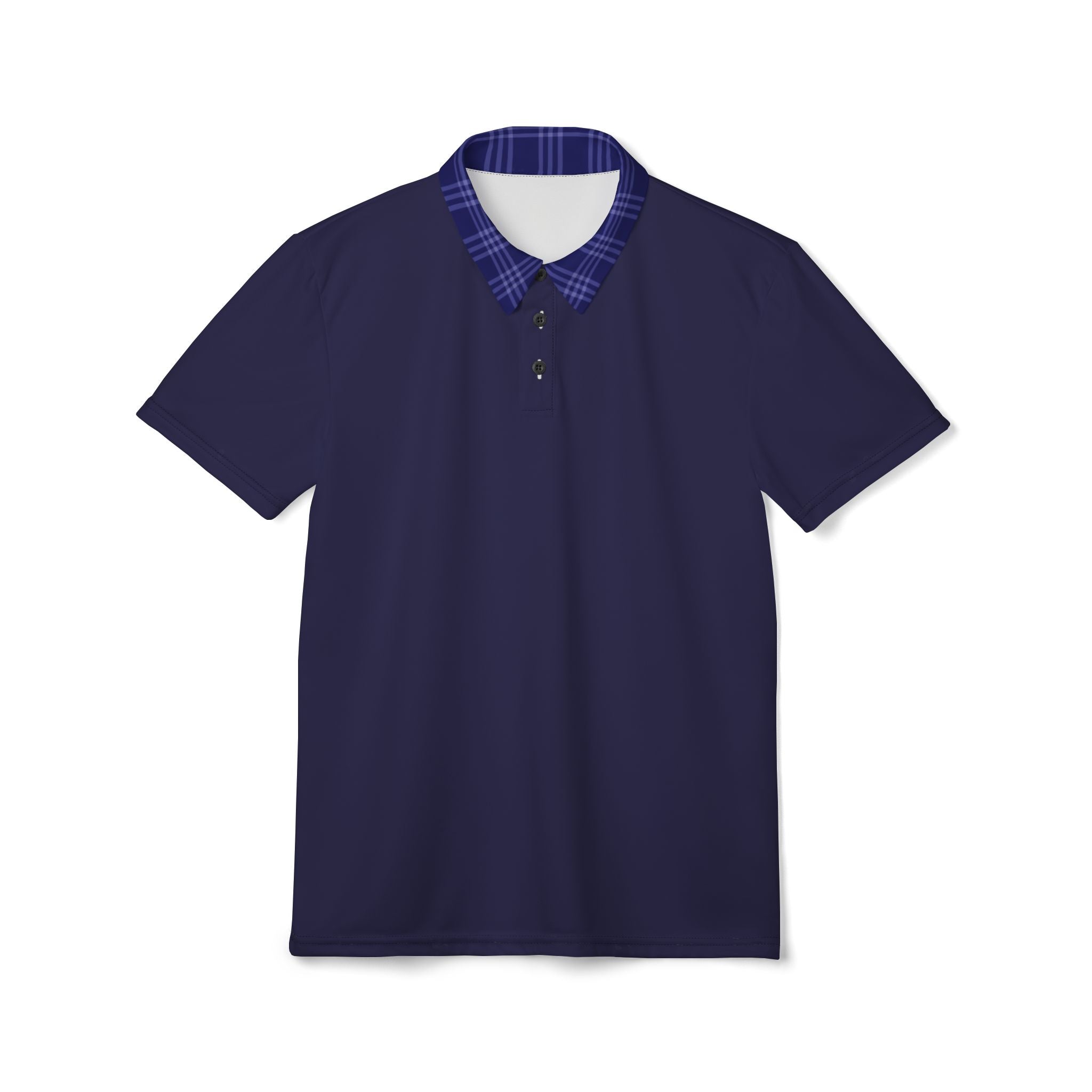 Navy Blue Polo Shirt with Plaid Collar — Classic Casual Men’s Polo