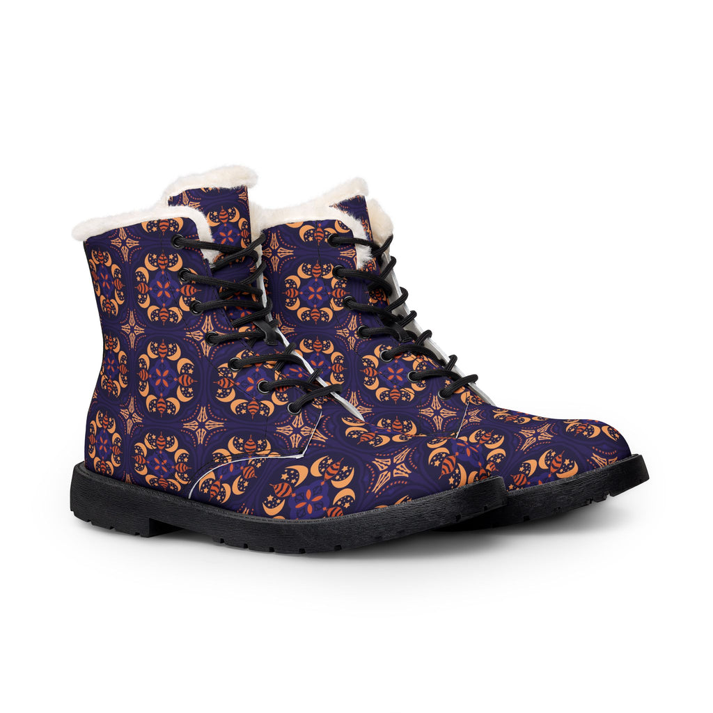 Men's Patterned Fur-Lined Leather Boots — Cozy Winter Lace-Up Boots