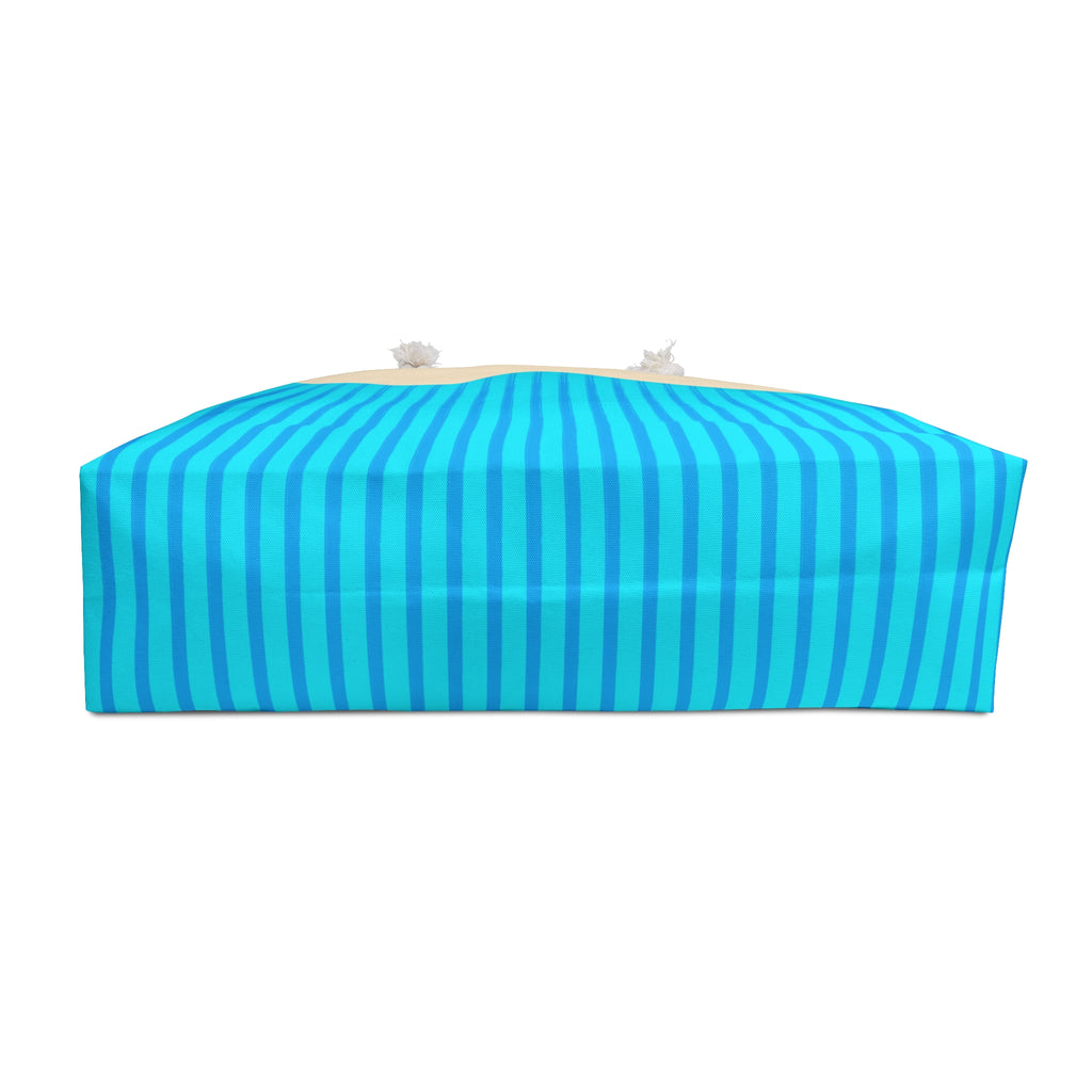 A rectangular beach towel with a vertical stripe pattern in shades of blue and turquoise, shown on a plain white background.