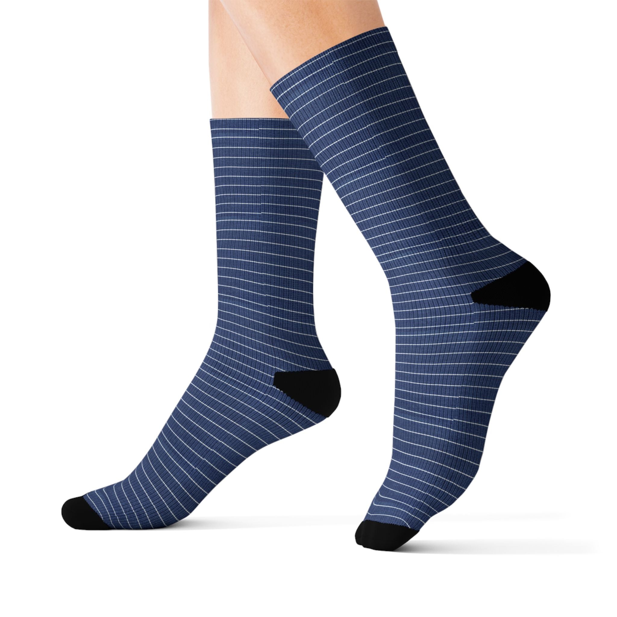 Black socks with a repeated logo pattern on a white background