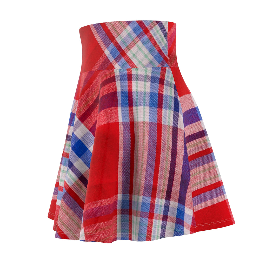 Red & Blue Plaid Skater Skirt — Vintage Tartan A-Line Mini for Casual & Holiday Wear