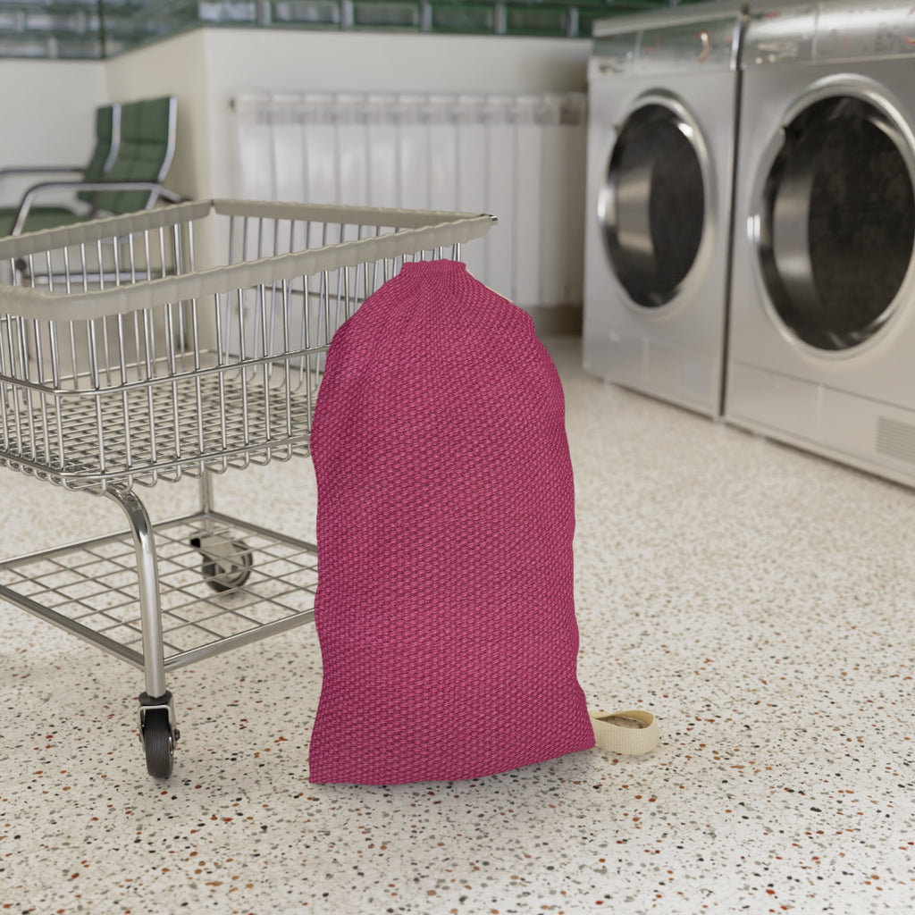 A pink drawstring laundry bag with a textured waffle pattern stands on a speckled floor next to a metal shopping cart in a laundry room with washing machines in the background.