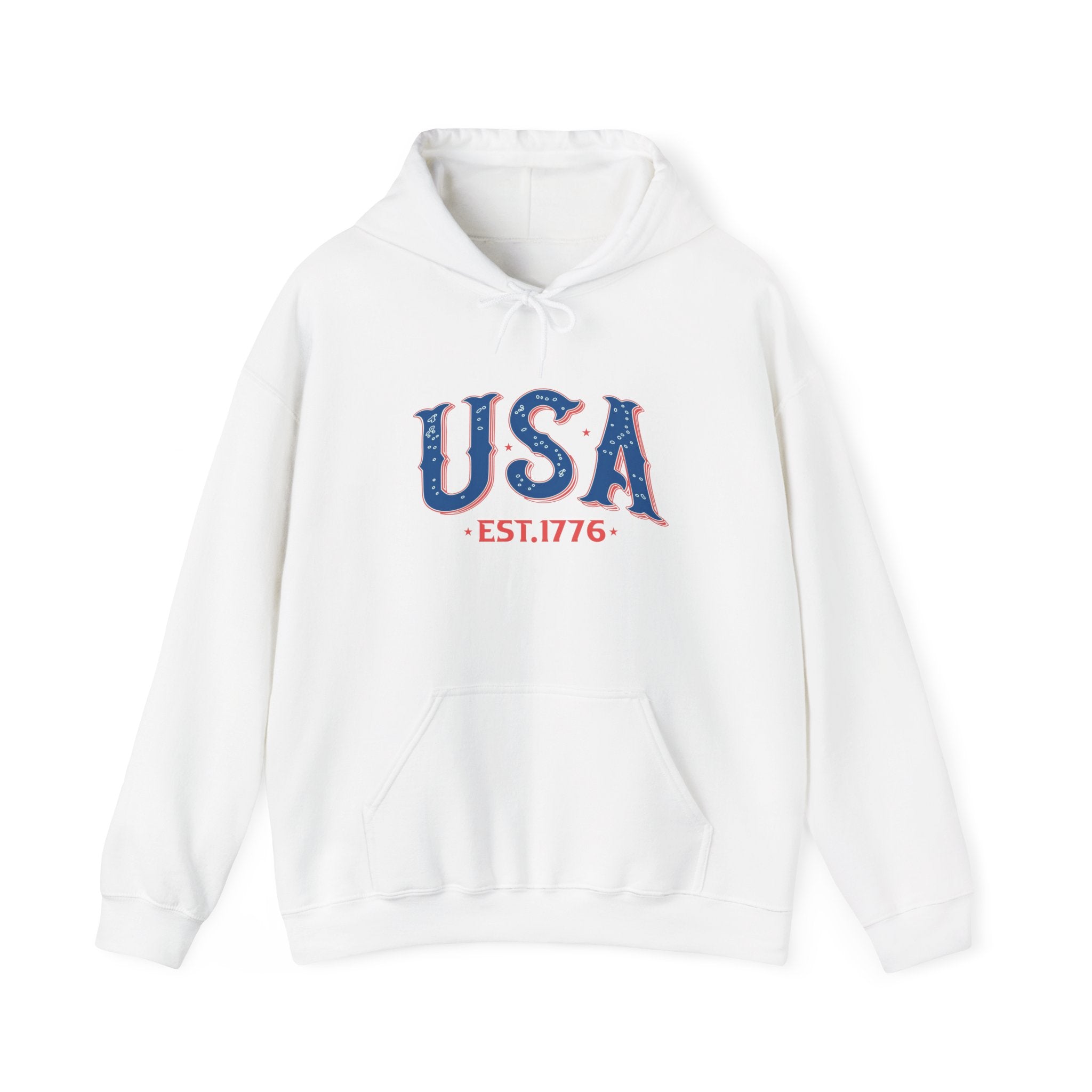 White hoodie with 'USA EST. 1776' text on a white background