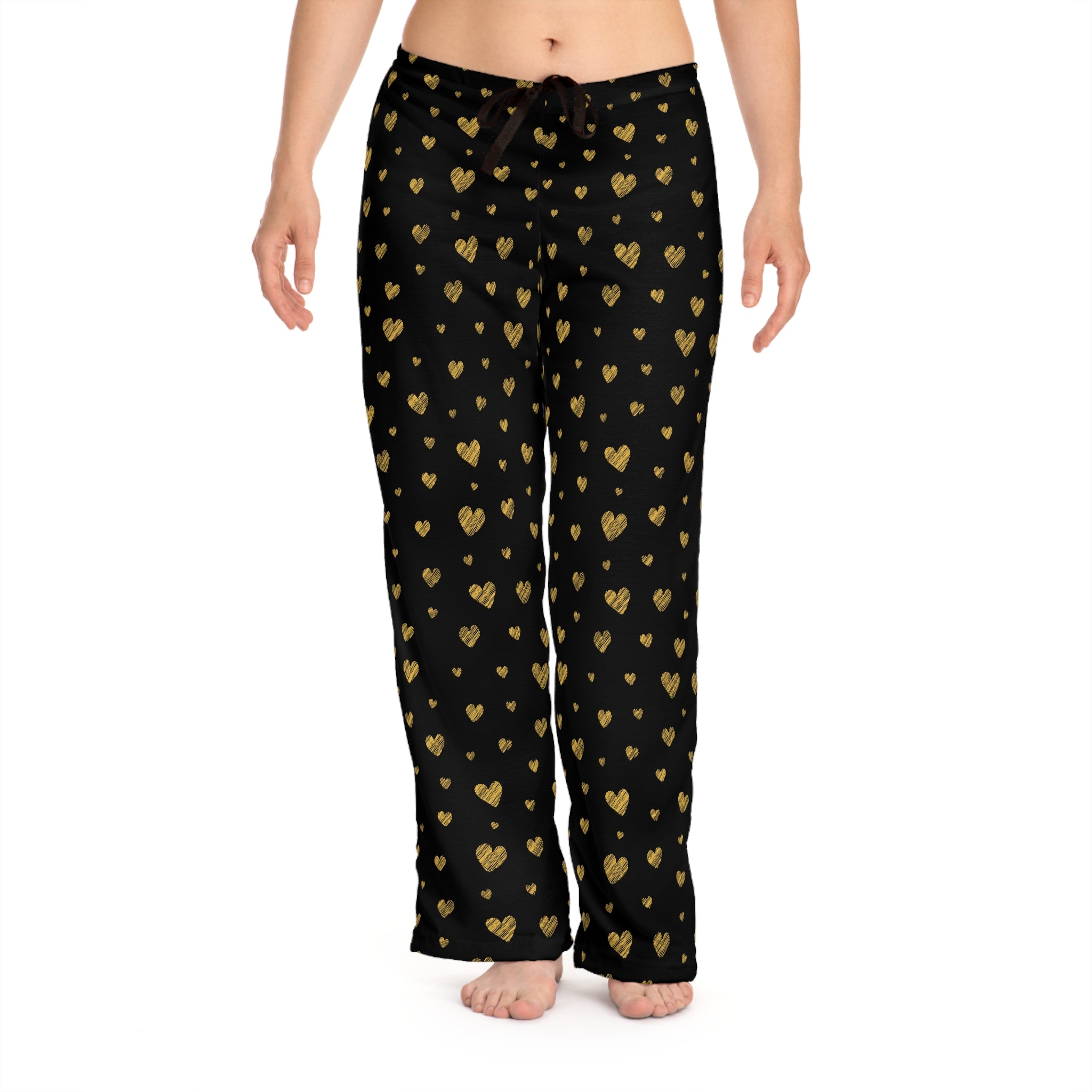 Gold Heart Pattern Pajama Pants | Black All-Over Print