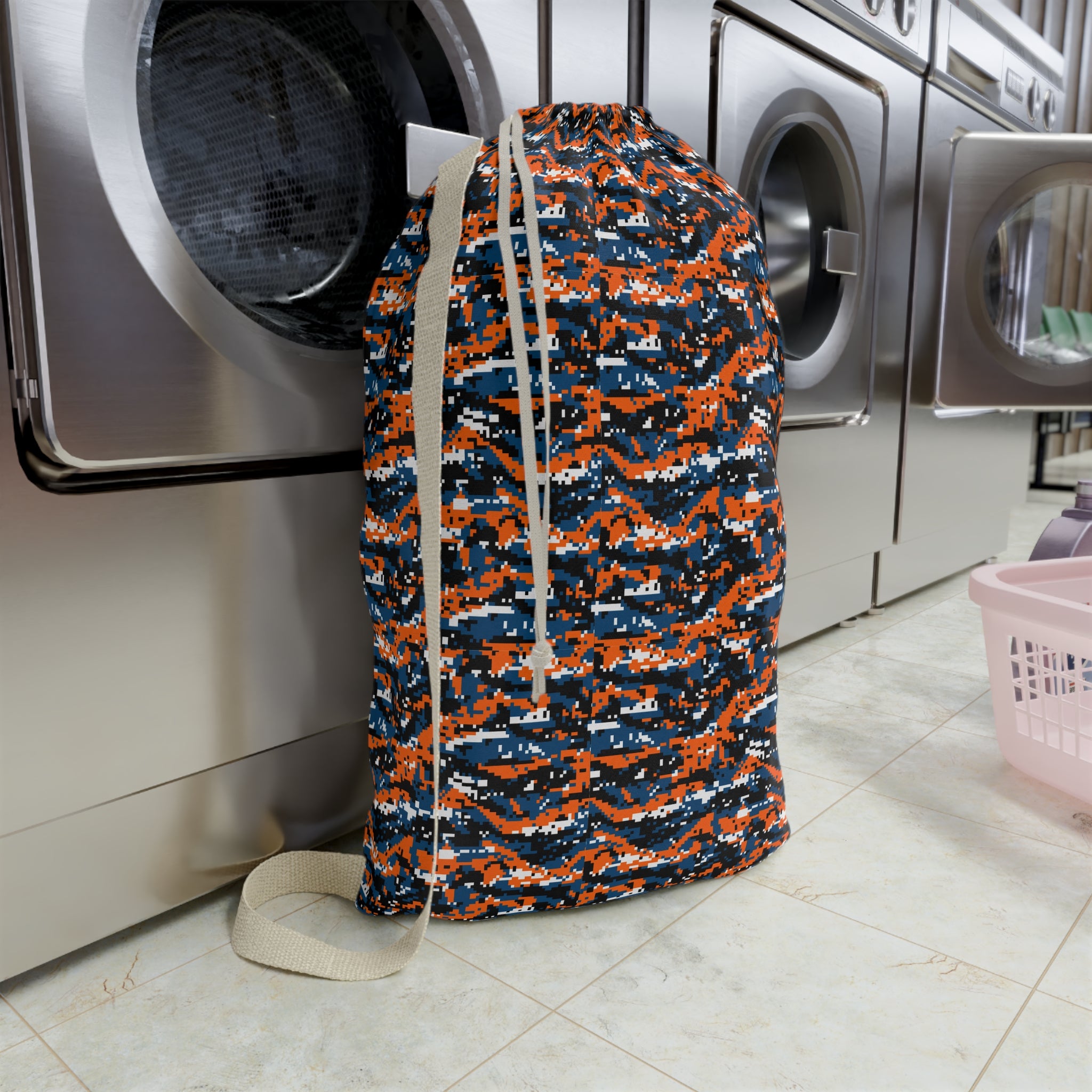 Camouflage Wave Laundry Bag — Orange & Navy Drawstring