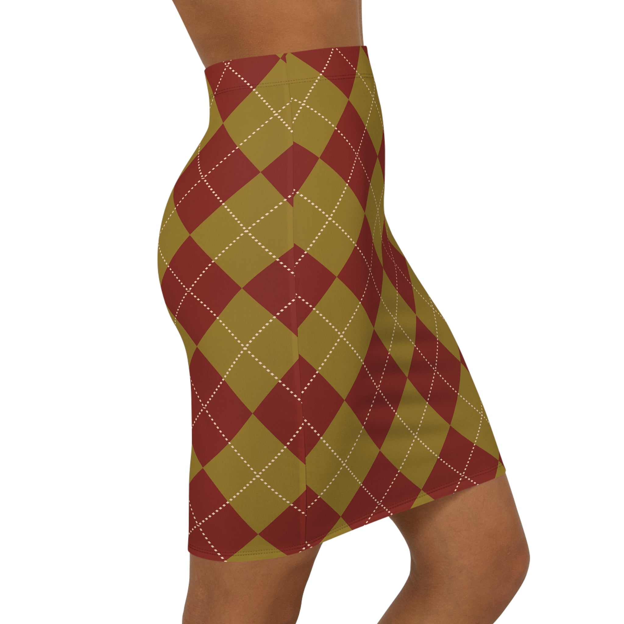 Maroon Olive Argyle Pencil Skirt | Plaid Pattern